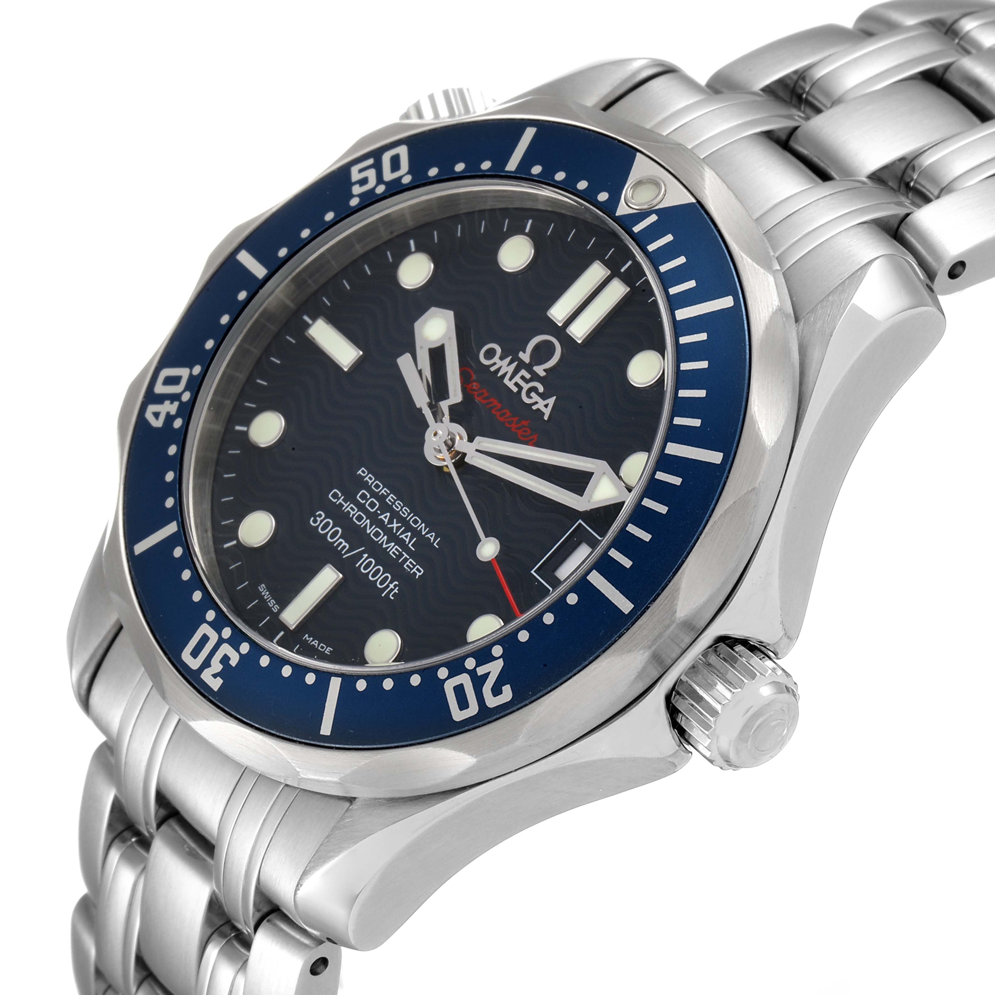 The image shows an angled view of an Omega Seamaster 2222.80.00 Men's Stainless Steel Blue Dial 2222.80.00 Men's Stainless Steel Blue Dial watch, highlighting the dial, bezel, case, and metal bracelet.