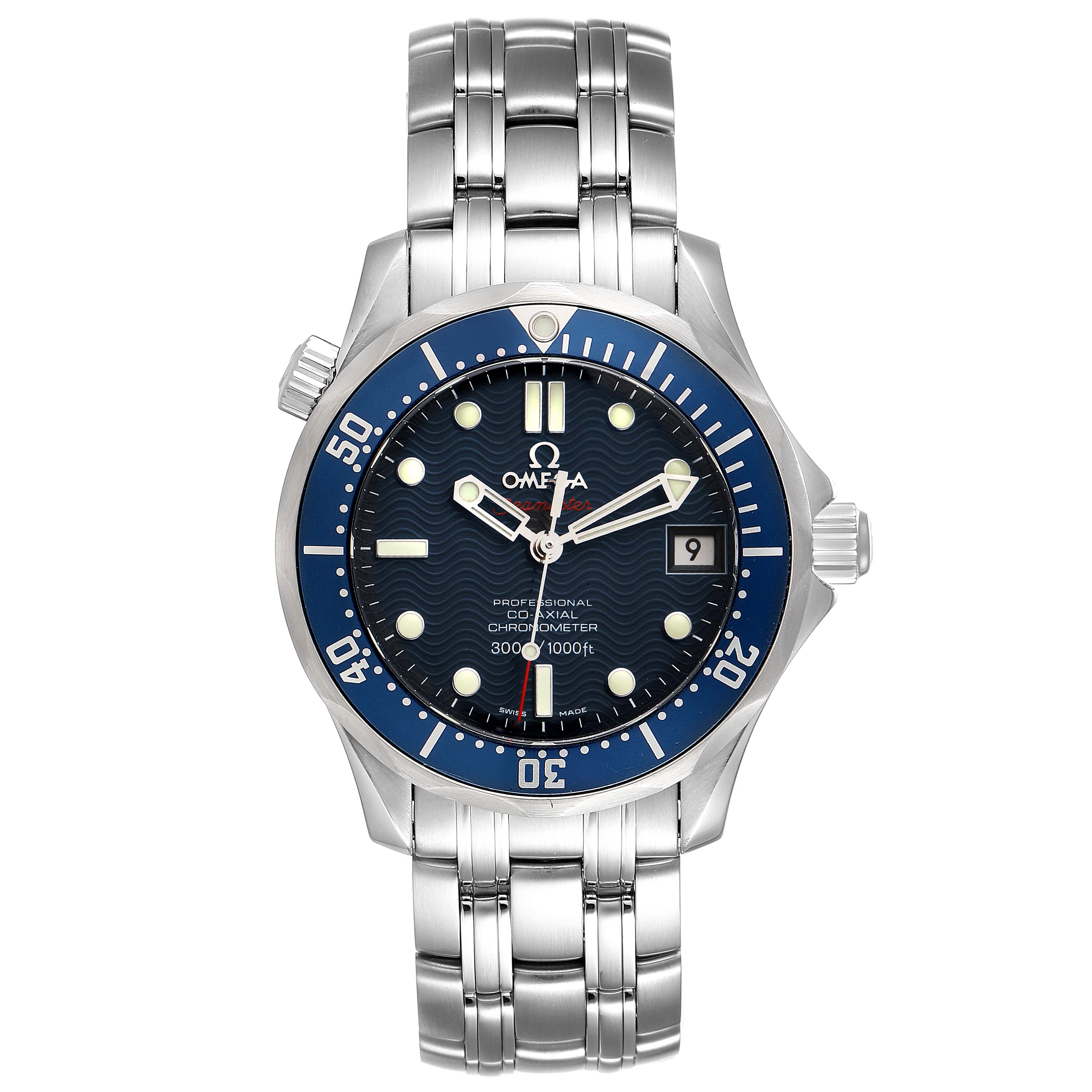 The image shows a front view of the Omega Seamaster 2222.80.00 Men's Stainless Steel Blue Dial 2222.80.00 Men's Stainless Steel Blue Dial watch, including the face, bezel, dial, hands, date window, and stainless steel bracelet.