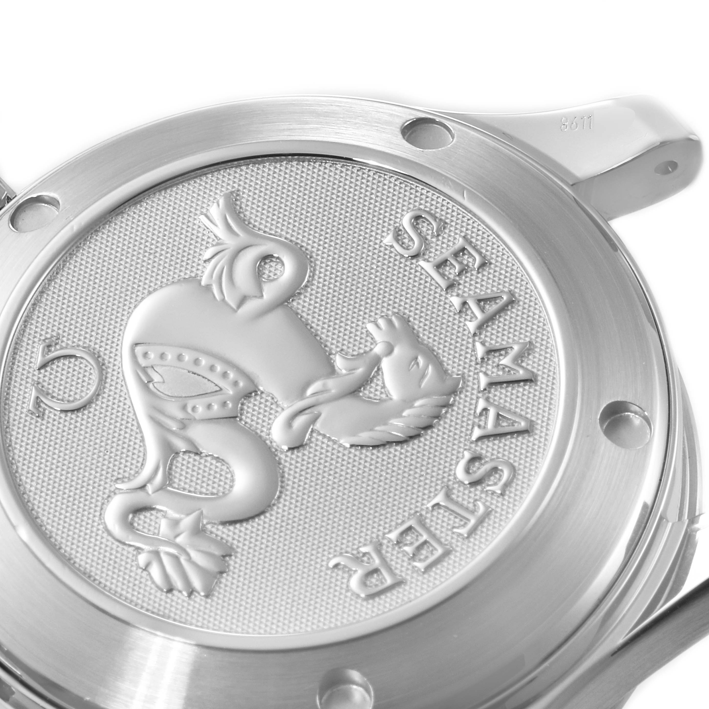 This image shows the engraved case back of the Omega Seamaster 2222.80.00 Men's Stainless Steel Blue Dial 2222.80.00 Men's Stainless Steel Blue Dial watch from a close-up angle.