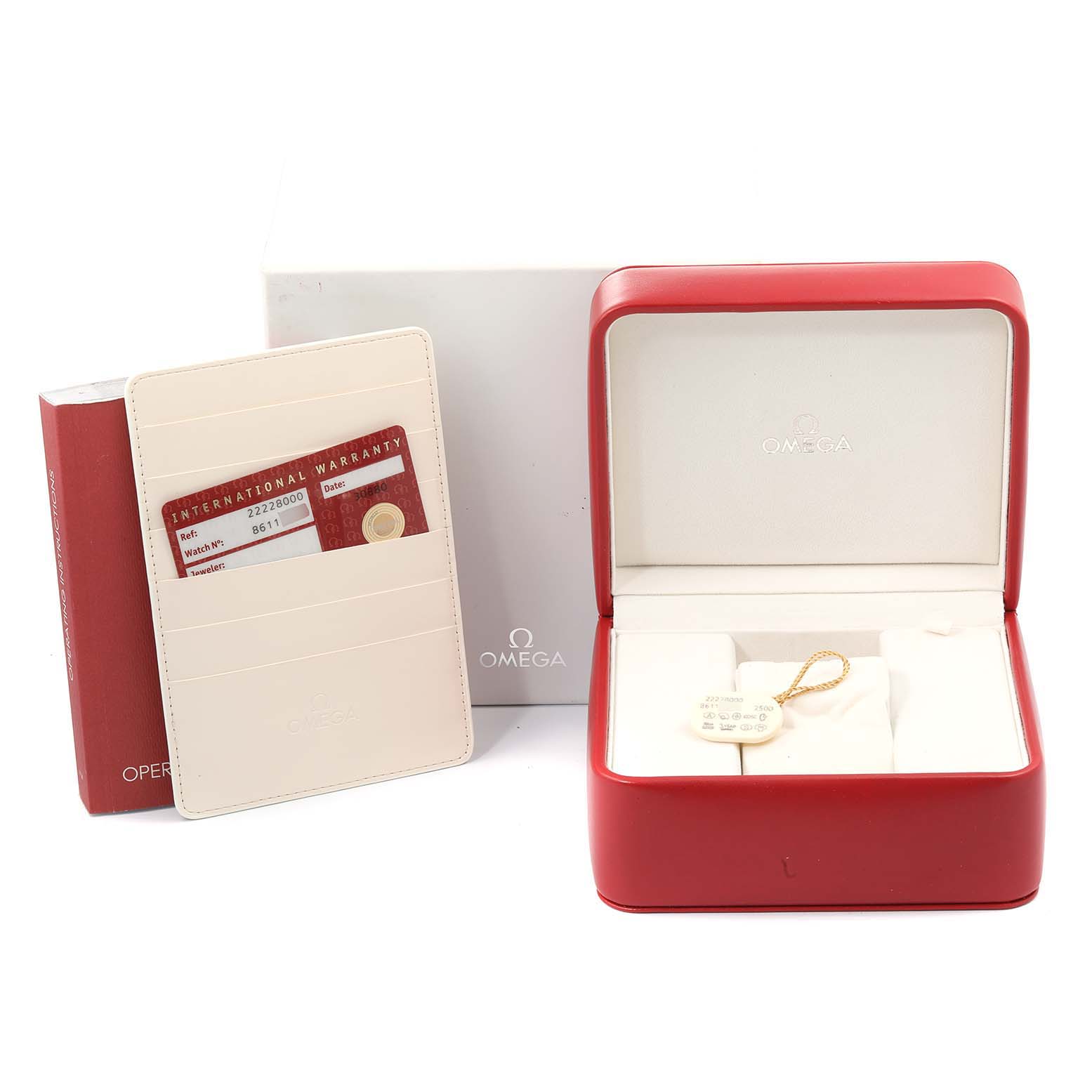 The image shows the packaging and accessories for an Omega Seamaster 2222.80.00 Men's Stainless Steel Blue Dial 2222.80.00 Men's Stainless Steel Blue Dial, including a red box, warranty card, and operating instructions.