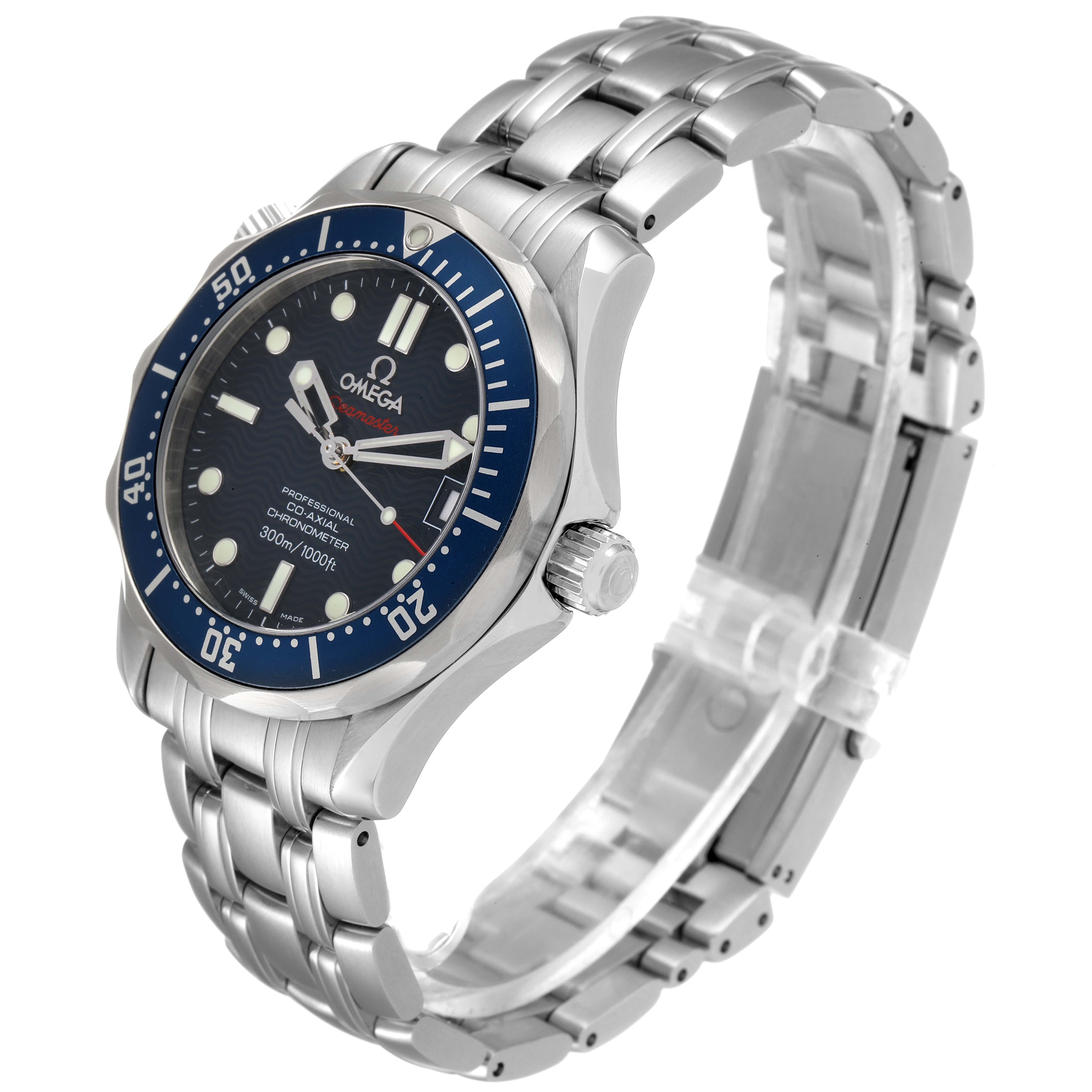 The Omega Seamaster 2222.80.00 Men's Stainless Steel Blue Dial 2222.80.00 Men's Stainless Steel Blue Dial watch is shown at a three-quarter angle, highlighting the face, bezel, crown, and metal bracelet.