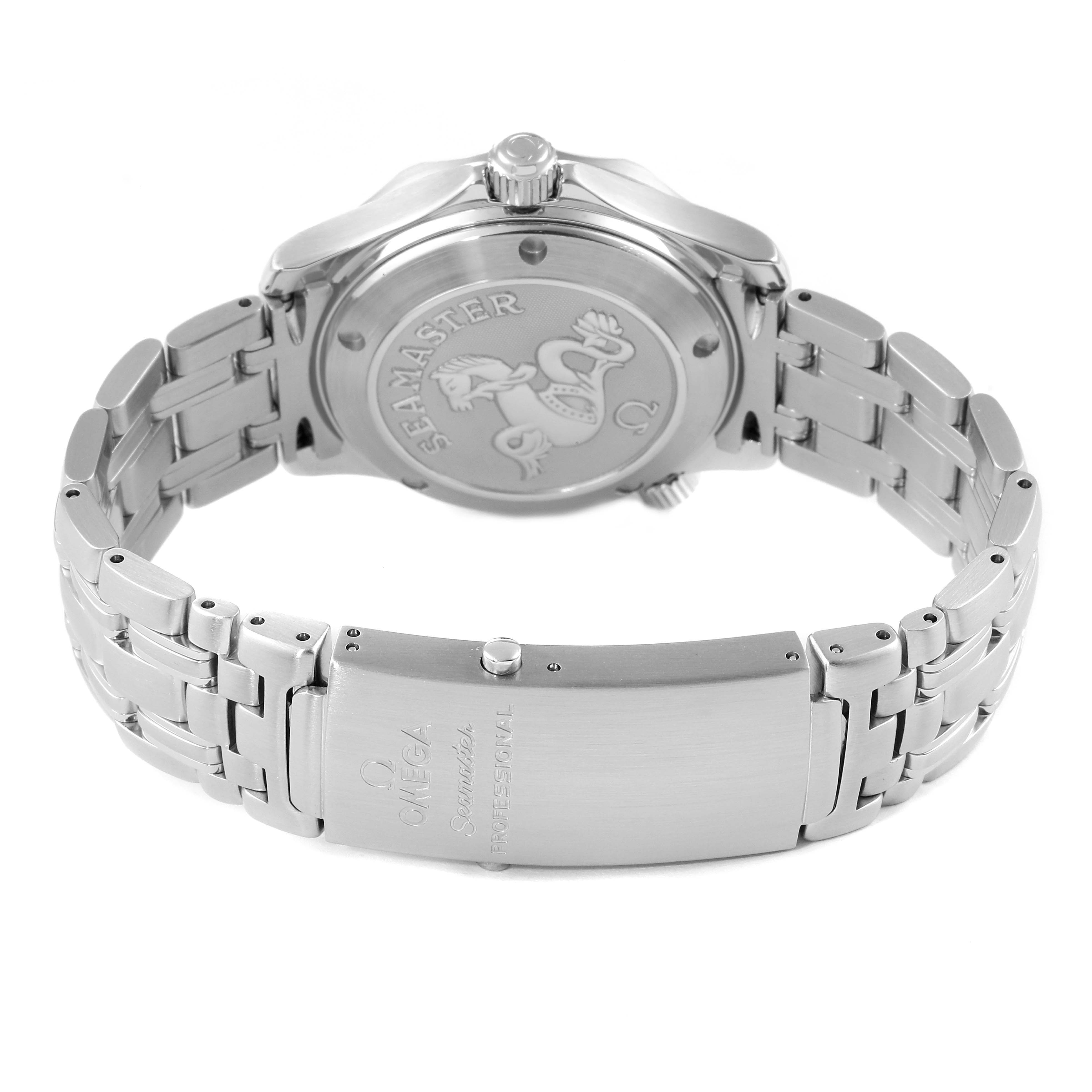 This image shows the back case and bracelet clasp of an Omega Seamaster 2222.80.00 Men's Stainless Steel Blue Dial 2222.80.00 Men's Stainless Steel Blue Dial watch from a rear angle.