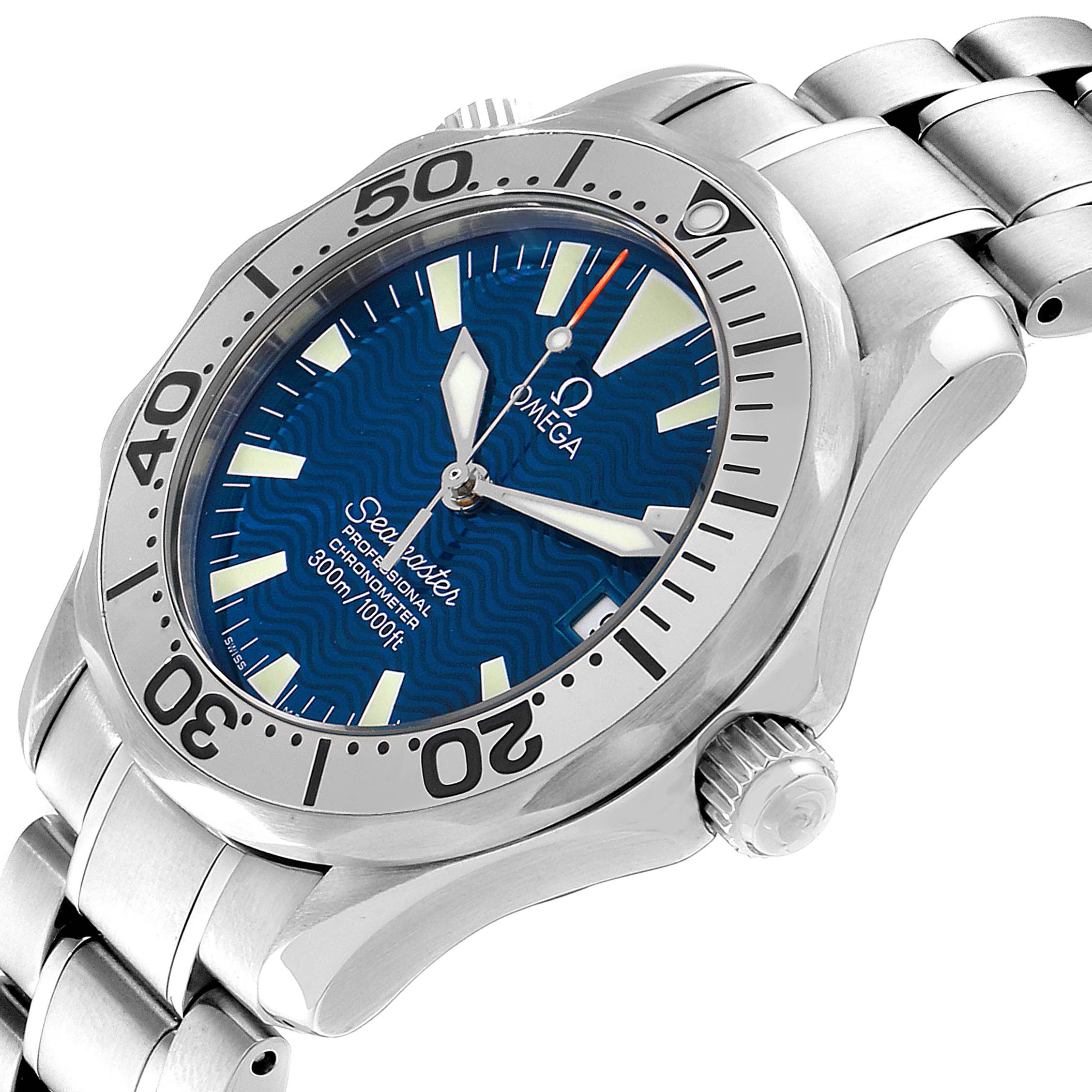 This Omega Seamaster 2553.80.00 Men
s Stainless Steel Blue Dial 2553.80.00 Men
s Stainless Steel Blue Dial watch is shown from an angled view, including the bezel, dial, crown, and part of the bracelet.