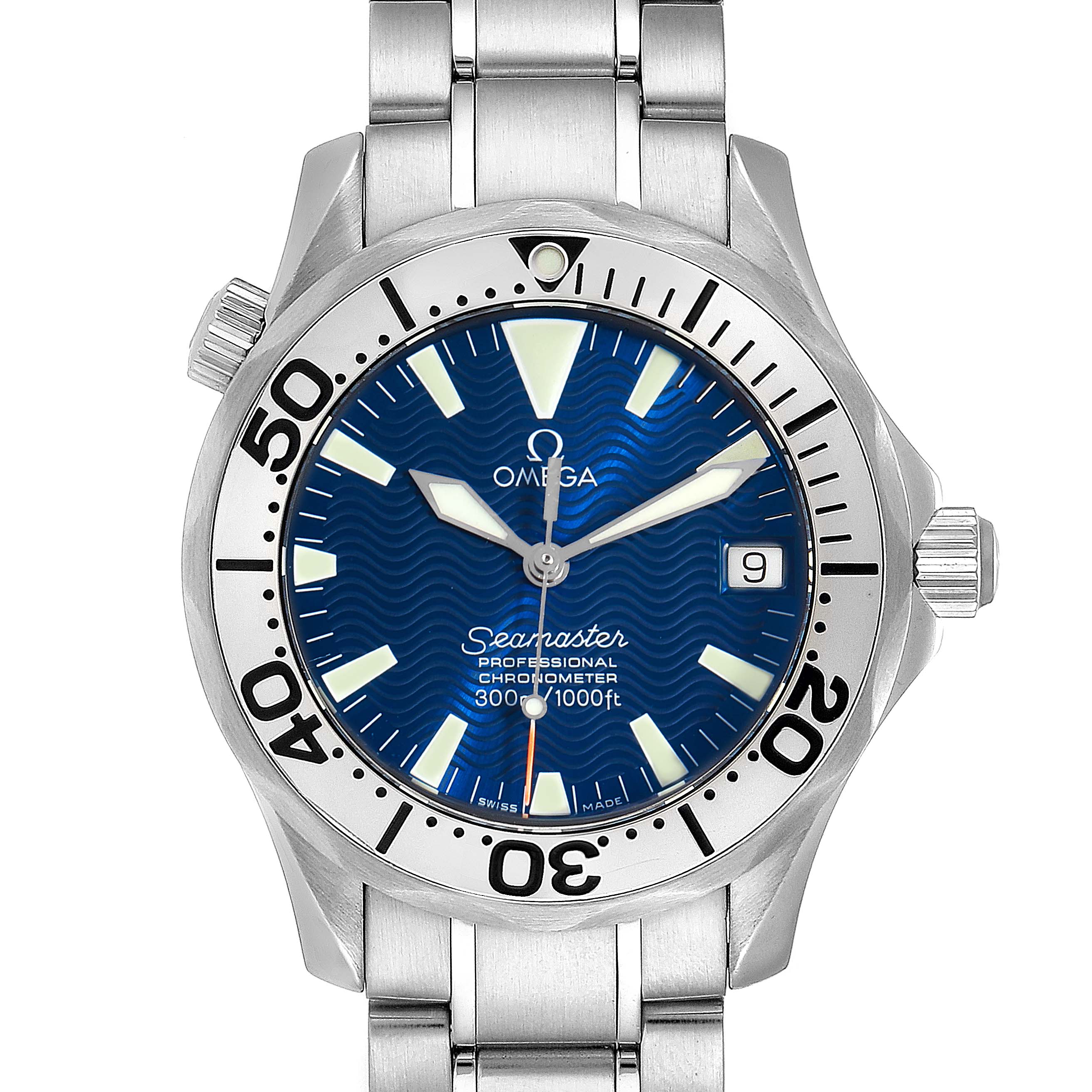 This image shows a front view of the Omega Seamaster 2553.80.00 Men
s Stainless Steel Blue Dial 2553.80.00 Men
s Stainless Steel Blue Dial watch, displaying the dial, bezel, and part of the bracelet.