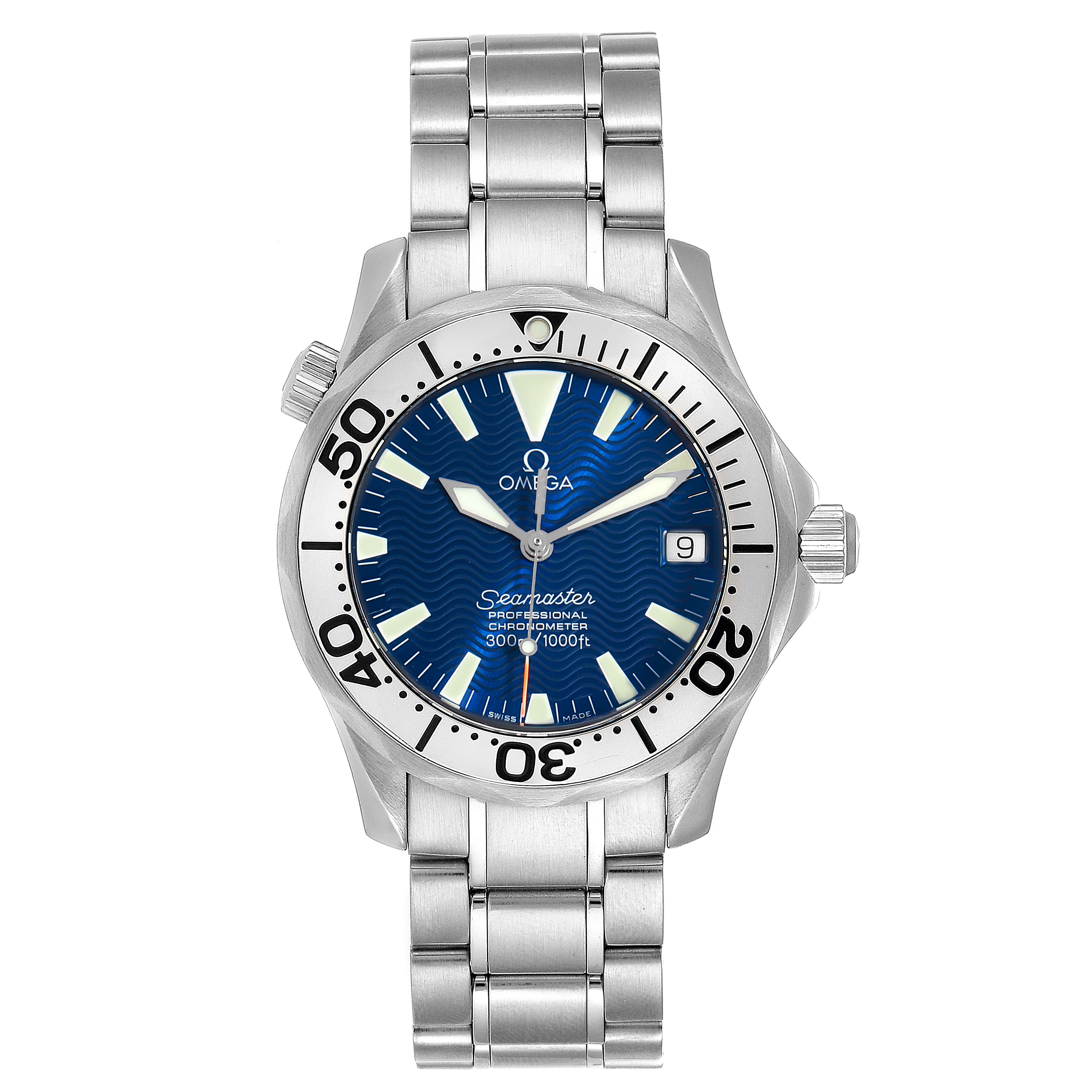 The image shows a front view of an Omega Seamaster 2553.80.00 Men
s Stainless Steel Blue Dial 2553.80.00 Men
s Stainless Steel Blue Dial watch, highlighting its blue dial, bezel, and metal bracelet.