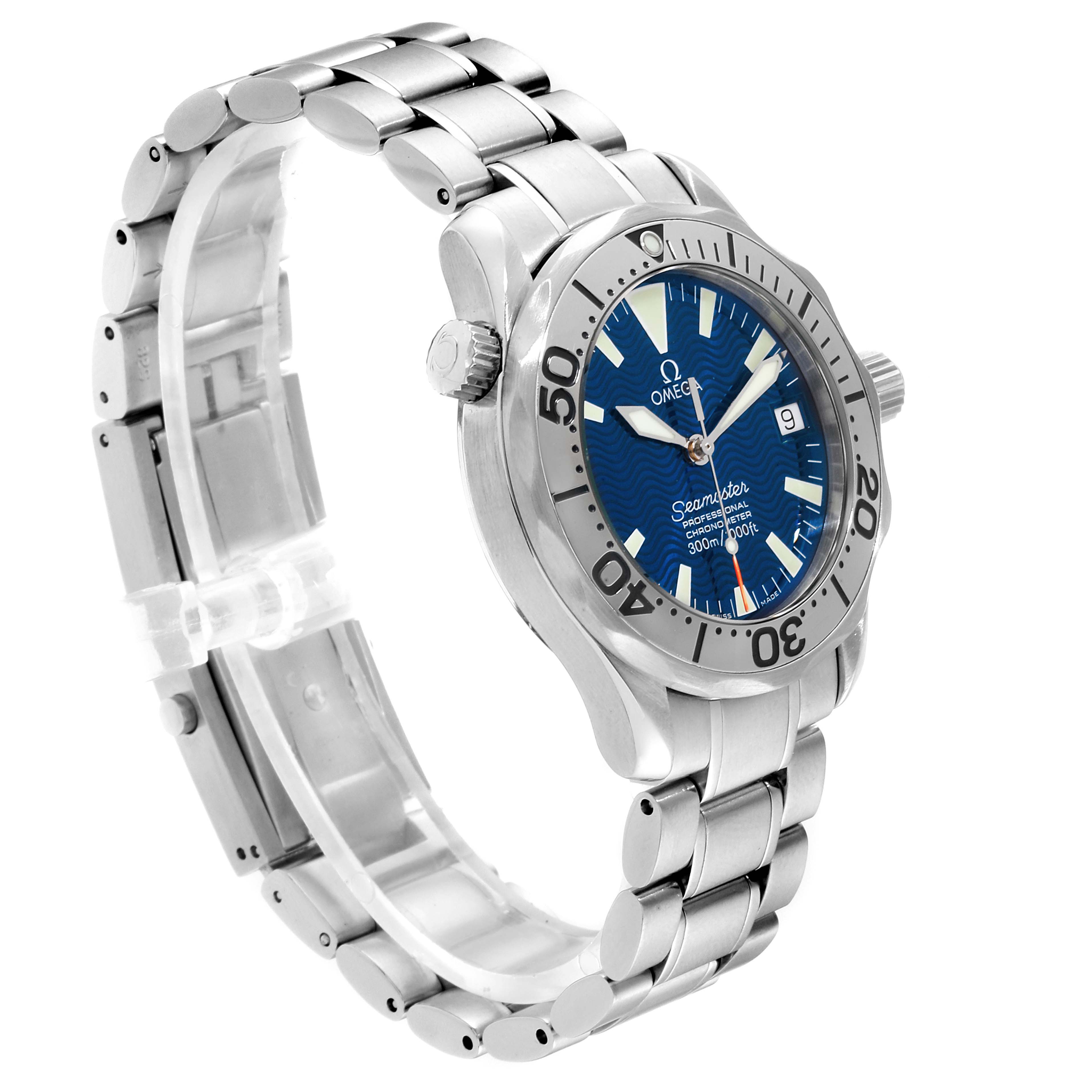 The Omega Seamaster 2553.80.00 Men
s Stainless Steel Blue Dial 2553.80.00 Men
s Stainless Steel Blue Dial watch is shown at an oblique angle, displaying its bracelet, dial, and bezel prominently.