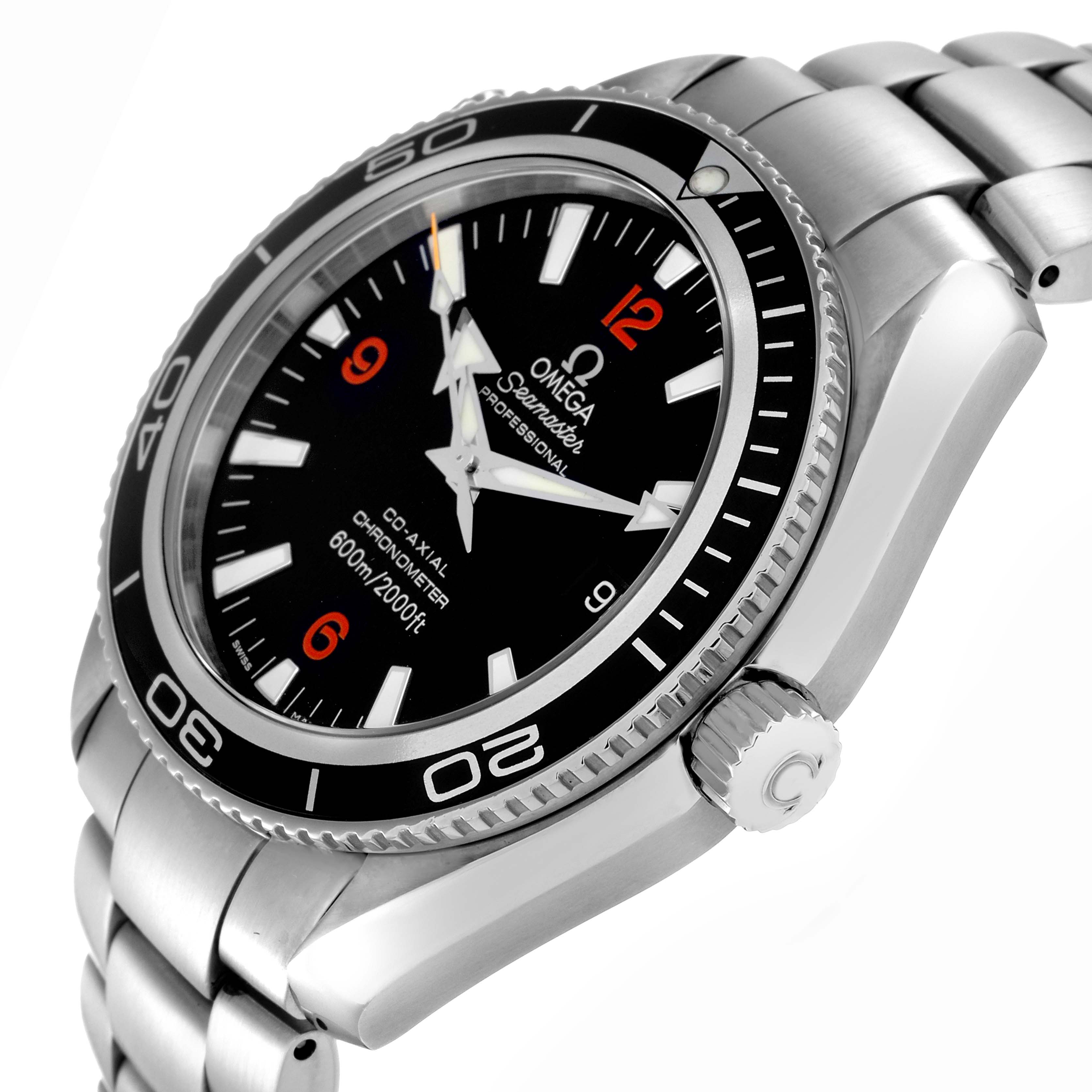 The Omega Planet Ocean 2201.51.00 Men
s Stainless Steel Black Dial 2201.51.00 Men
s Stainless Steel Black Dial watch is shown at an angled side view, featuring its dial, bezel, case, and bracelet.