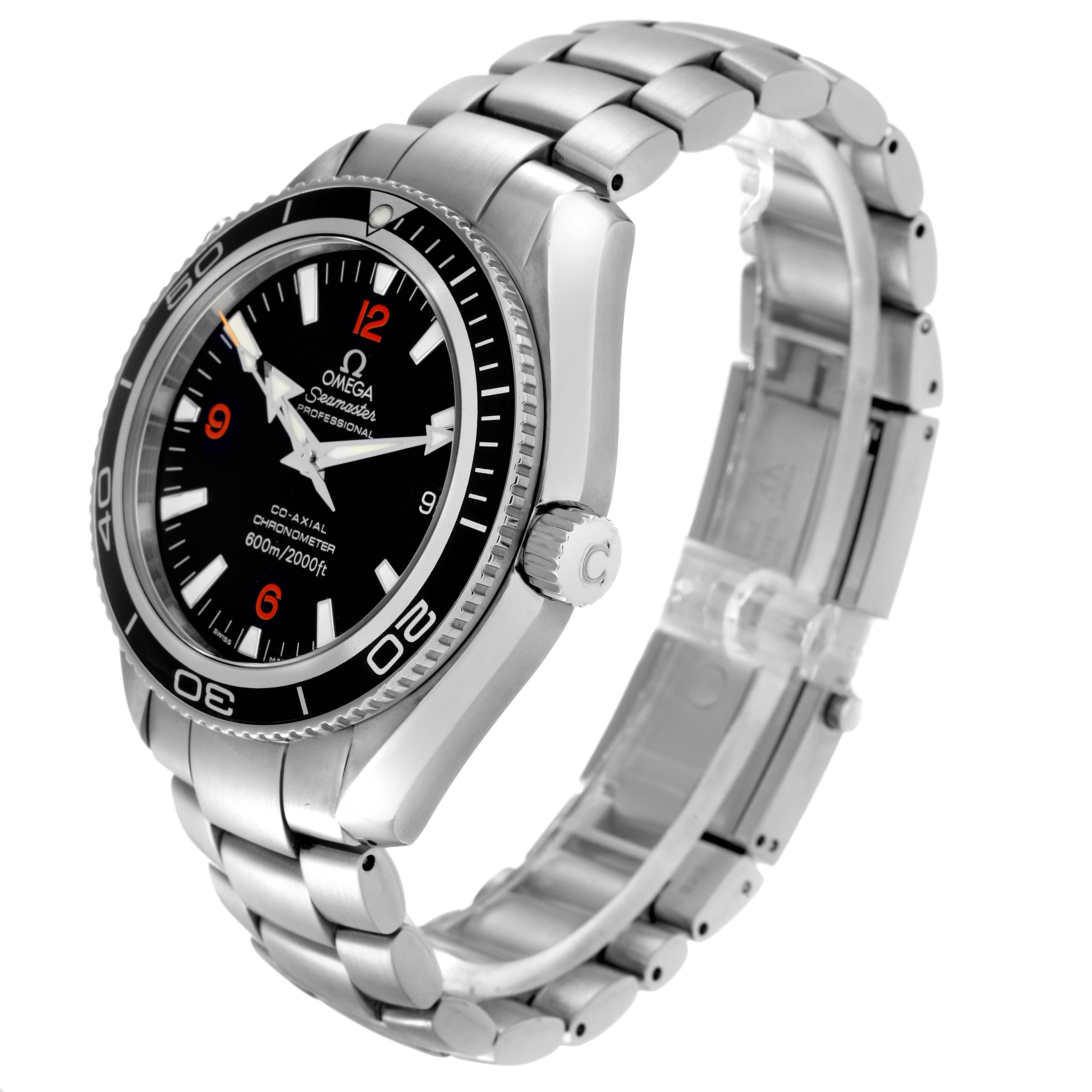 The Omega Planet Ocean 2201.51.00 Men
s Stainless Steel Black Dial 2201.51.00 Men
s Stainless Steel Black Dial watch is shown from a side angle, highlighting the case, bezel, dial, crown, and bracelet.