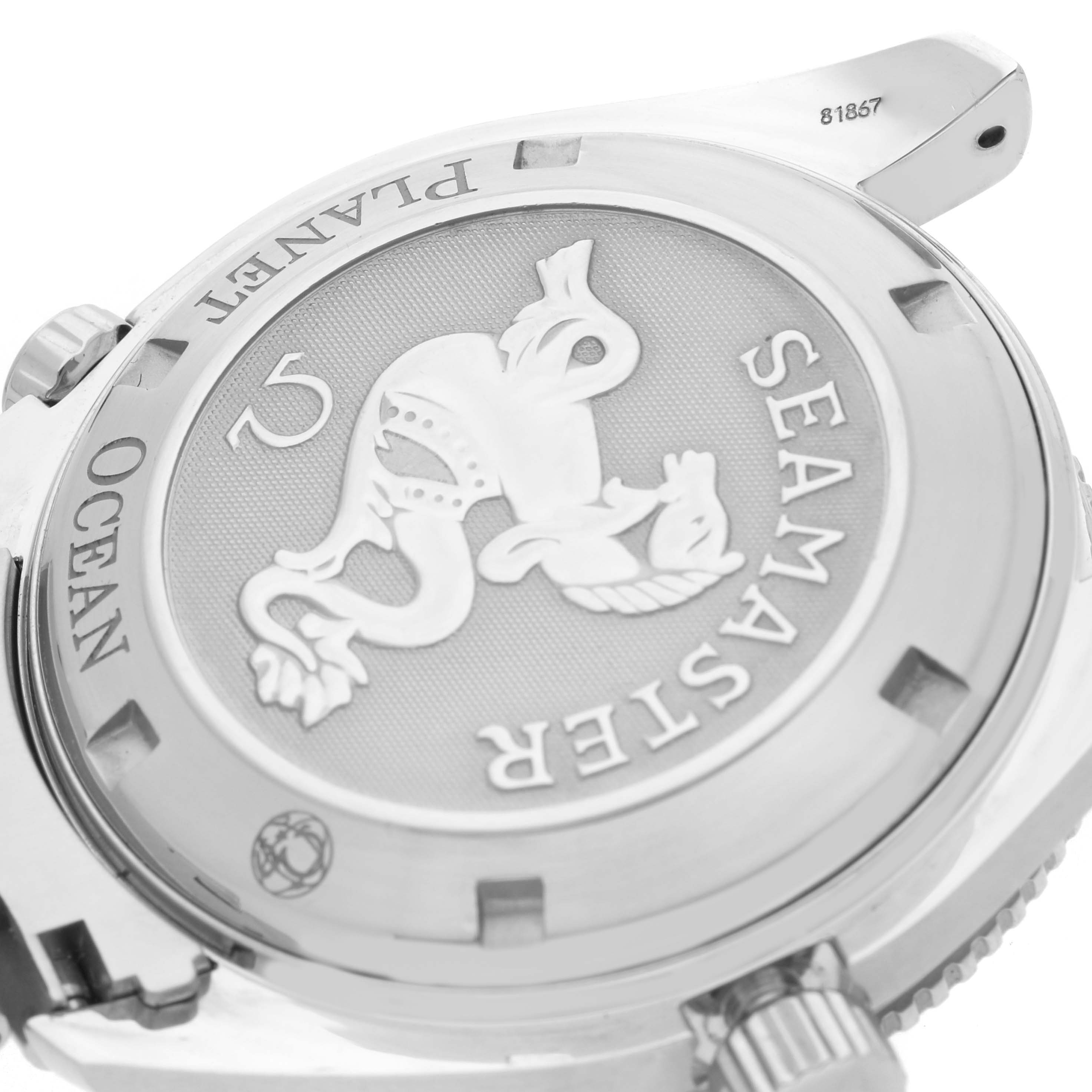 The image shows the case back of the Omega Planet Ocean 2201.51.00 Men
s Stainless Steel Black Dial 2201.51.00 Men
s Stainless Steel Black Dial watch, featuring Seamasters
 emblem and engravings.