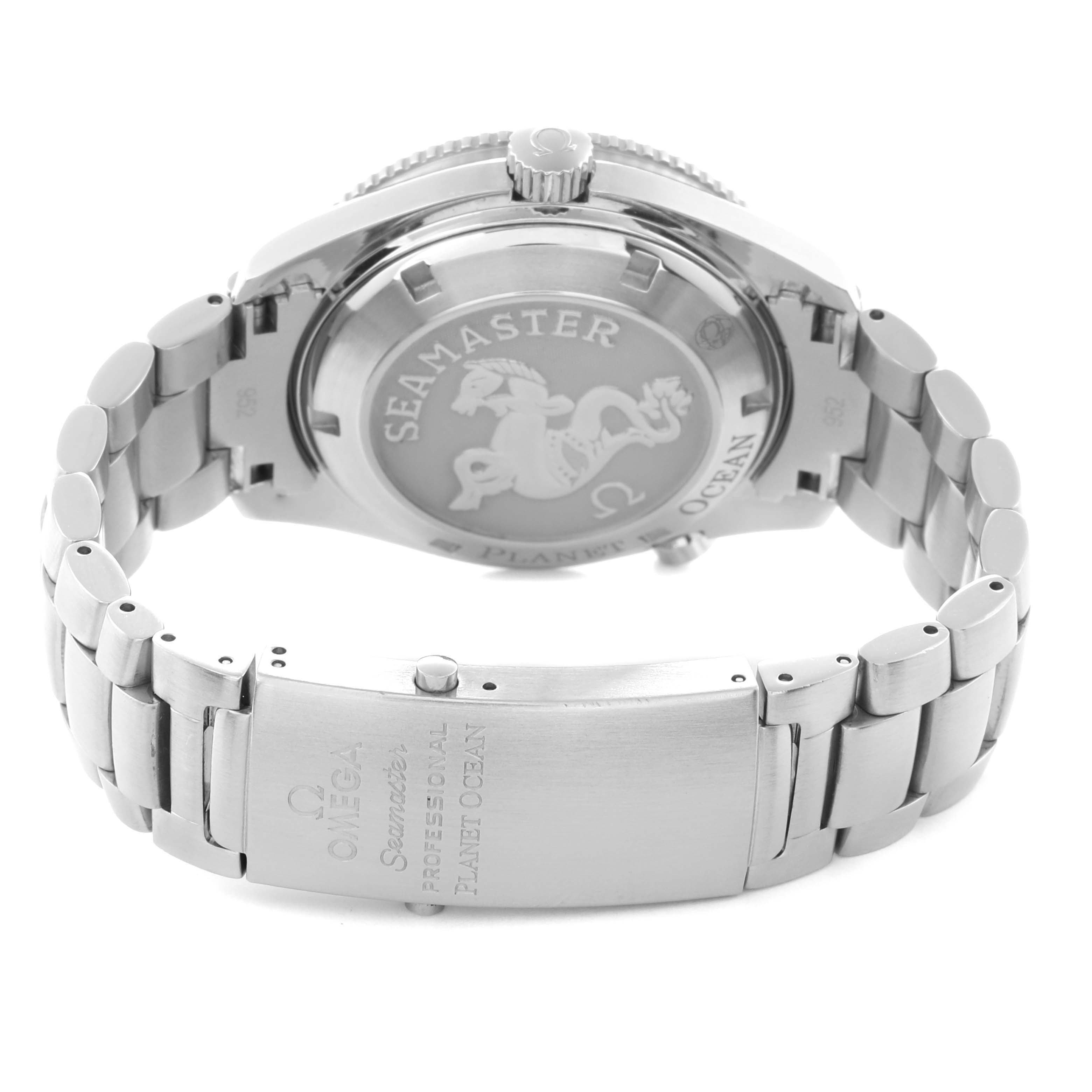 The Omega Planet Ocean 2201.51.00 Men
s Stainless Steel Black Dial 2201.51.00 Men
s Stainless Steel Black Dial watch is shown from the back, focusing on the case back and bracelet clasp.