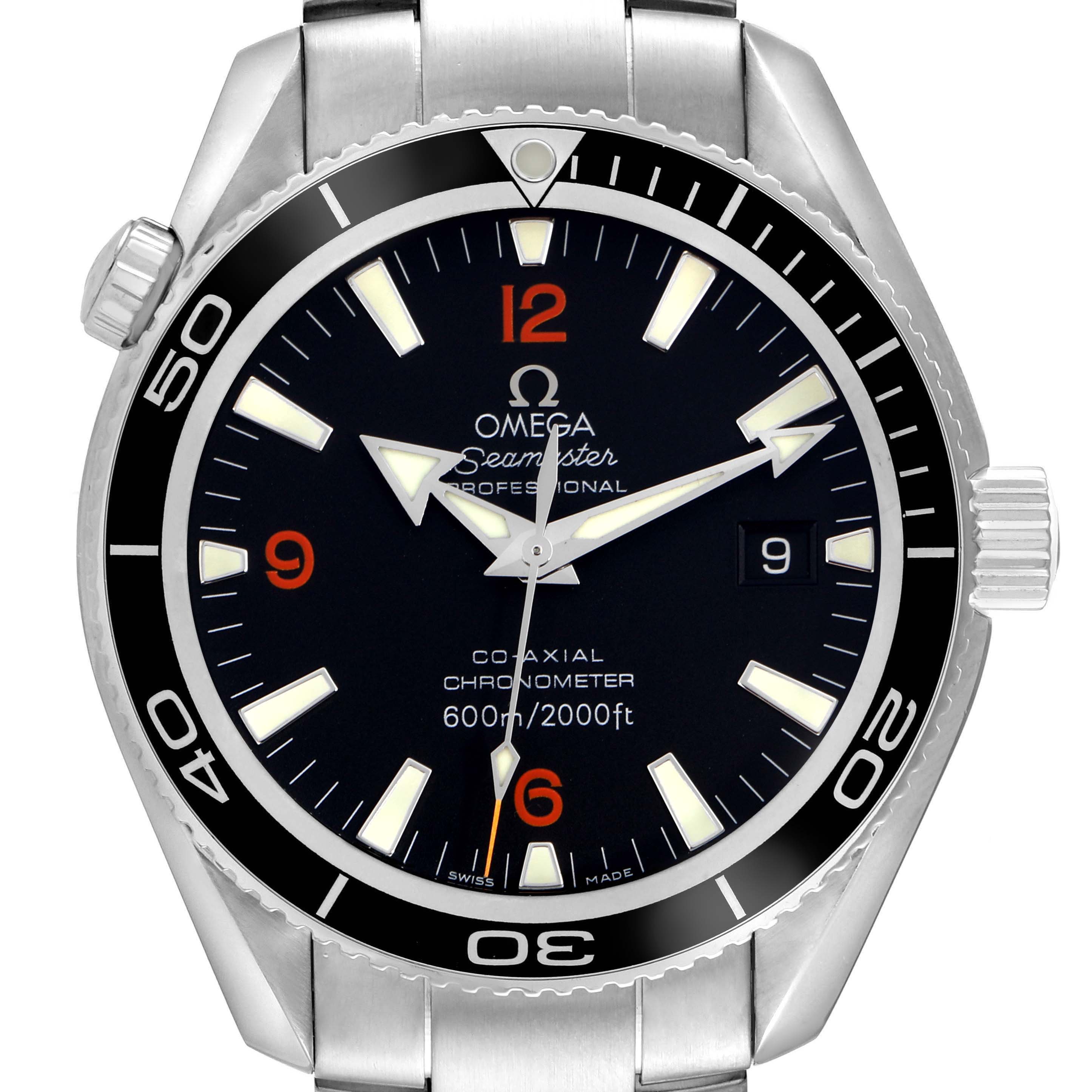 The Omega Planet Ocean 2201.51.00 Men
s Stainless Steel Black Dial 2201.51.00 Men
s Stainless Steel Black Dial watch is shown from the front, displaying its face, bezel, crown, and part of the bracelet.