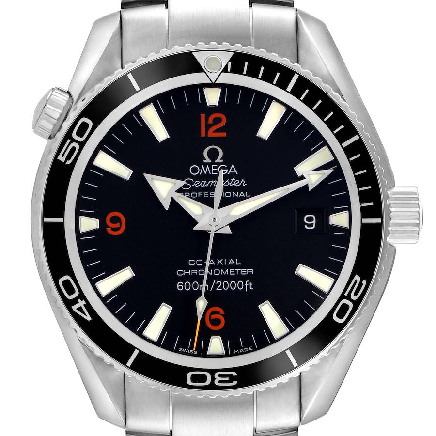The Omega Planet Ocean watch is shown from the front, displaying its face, bezel, crown, and part of the bracelet.