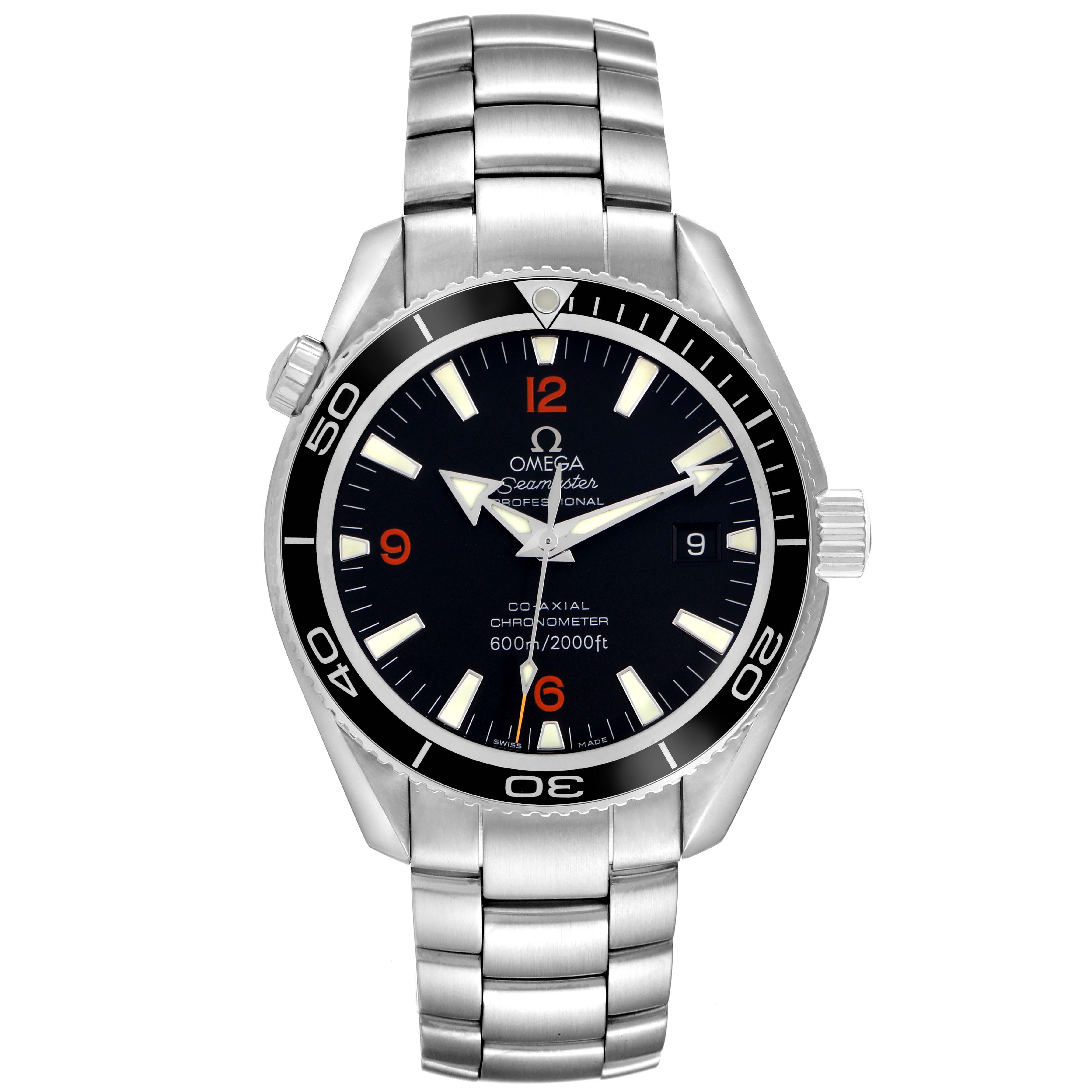 The Omega Planet Ocean 2201.51.00 Men
s Stainless Steel Black Dial 2201.51.00 Men
s Stainless Steel Black Dial watch is shown from the front, displaying its dial, bezel, and bracelet.