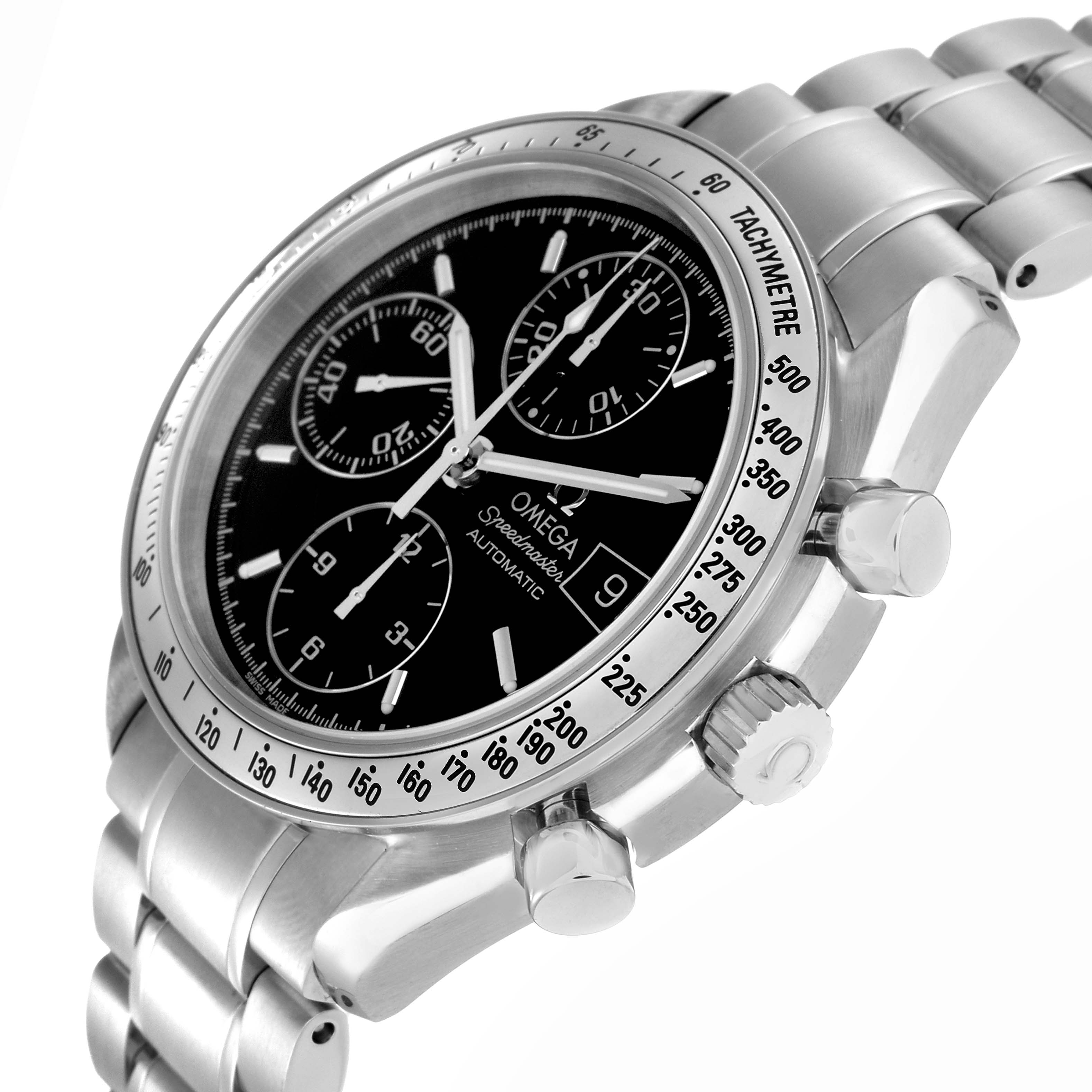 The Omega Speedmaster 3513.50.00 Men
s Stainless Steel Black Dial 3513.50.00 Men
s Stainless Steel Black Dial watch is shown at a three-quarter angle, highlighting the bezel, sub-dials, crown, and bracelet.