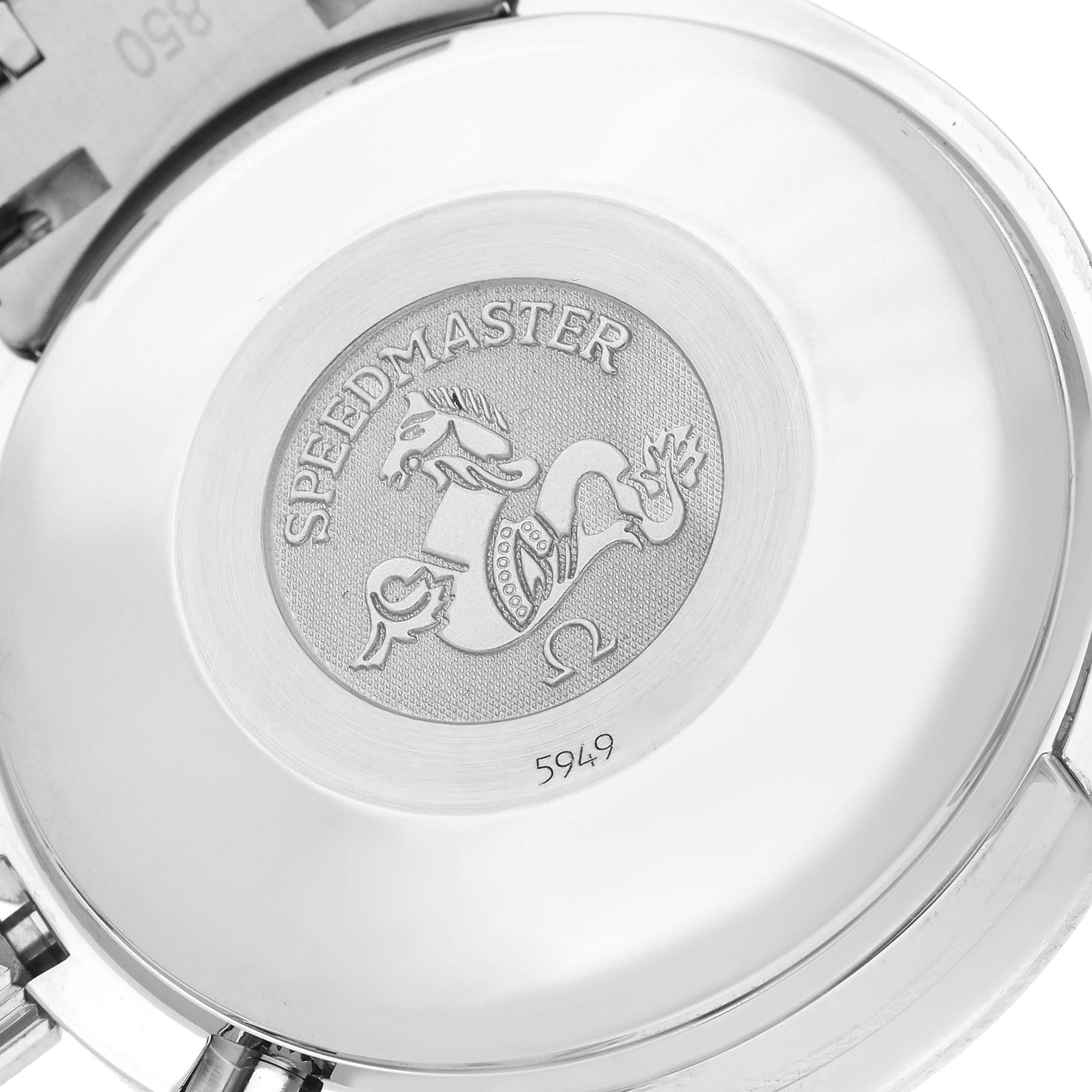 The image shows the engraved case back of an Omega Speedmaster 3513.50.00 Men
s Stainless Steel Black Dial 3513.50.00 Men
s Stainless Steel Black Dial, highlighting the emblem and model name.