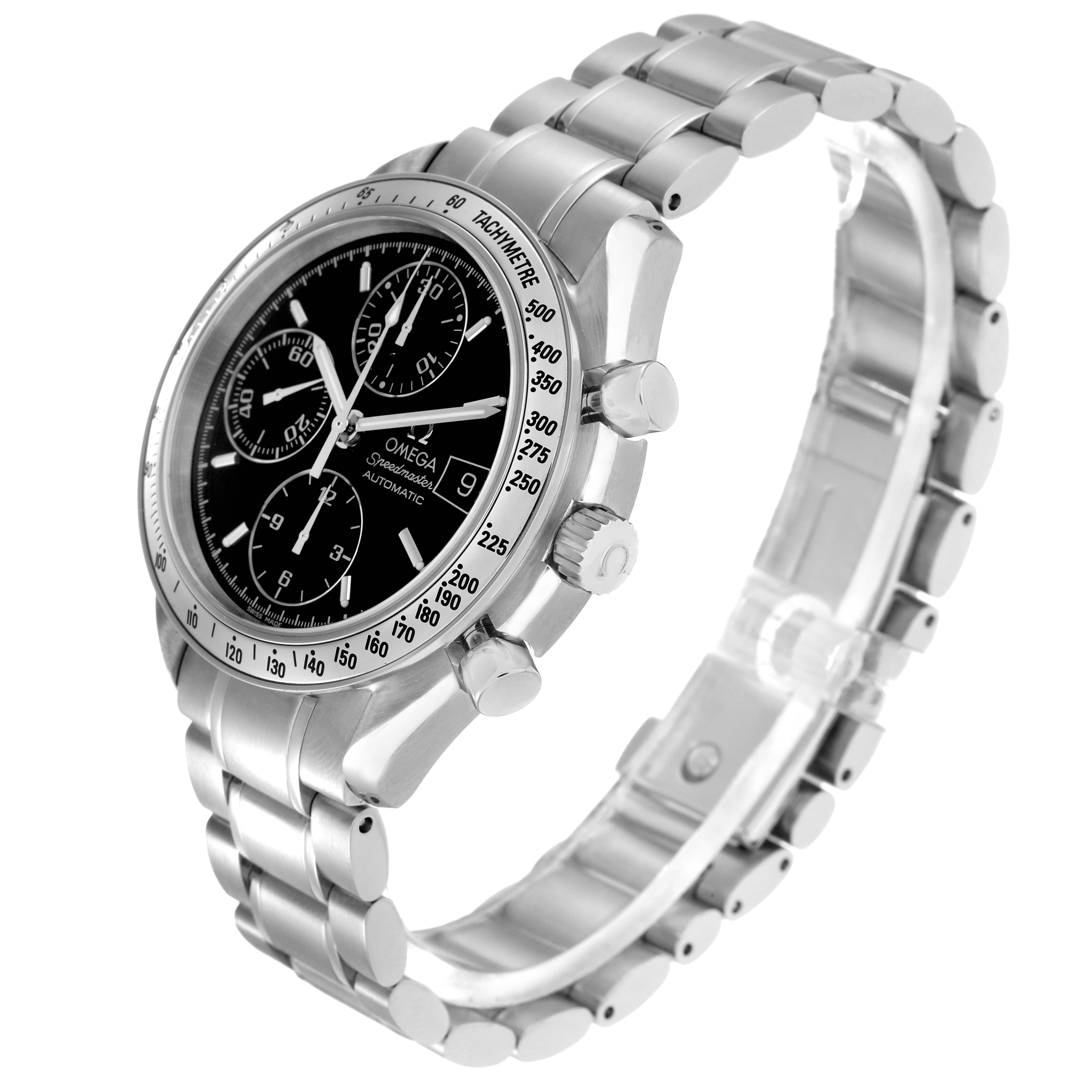The Omega Speedmaster 3513.50.00 Men
s Stainless Steel Black Dial 3513.50.00 Men
s Stainless Steel Black Dial watch is shown at a side angle, featuring its bezel, dial, chronograph buttons, and metal bracelet.