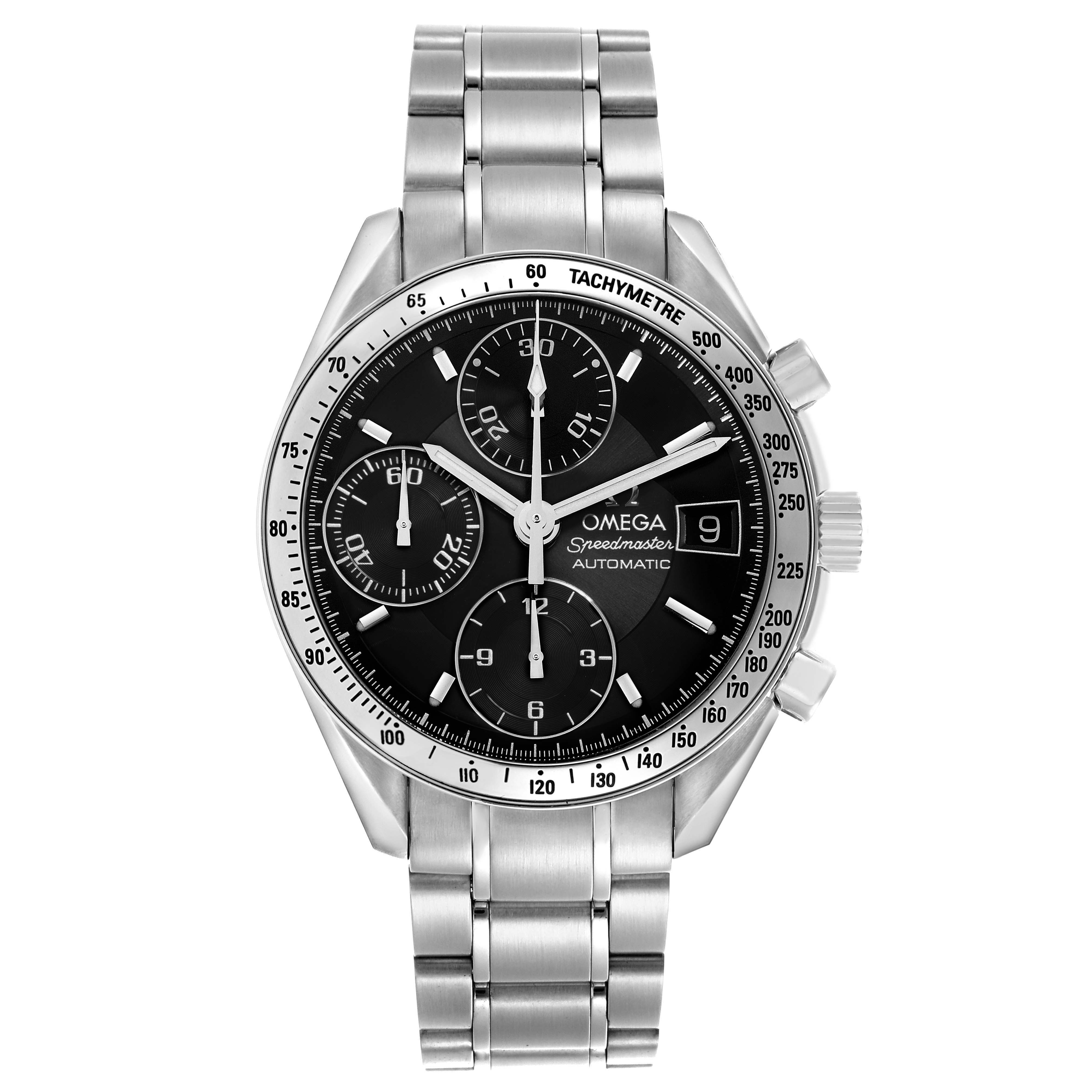 The Omega Speedmaster 3513.50.00 Men
s Stainless Steel Black Dial 3513.50.00 Men
s Stainless Steel Black Dial watch is shown from a front angle displaying its dial, bezel, crown, pushers, and bracelet.
