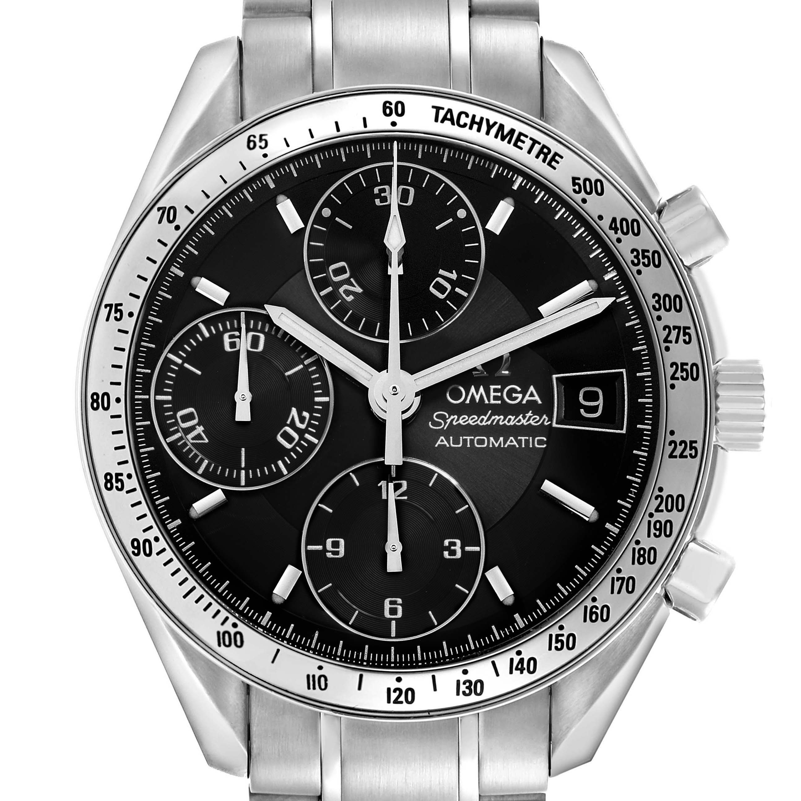 The Omega Speedmaster 3513.50.00 Men
s Stainless Steel Black Dial 3513.50.00 Men
s Stainless Steel Black Dial watch is shown from a front angle, displaying the dial, chronograph sub-dials, tachymetre bezel, and date window.