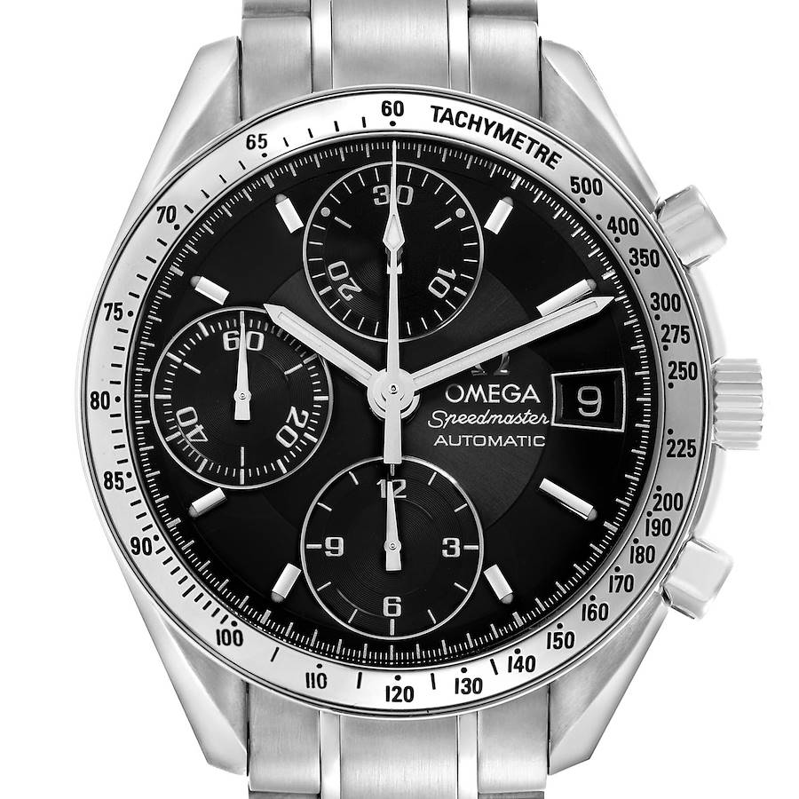 The Omega Speedmaster watch is shown from a front angle, displaying the dial, chronograph sub-dials, tachymetre bezel, and date window.