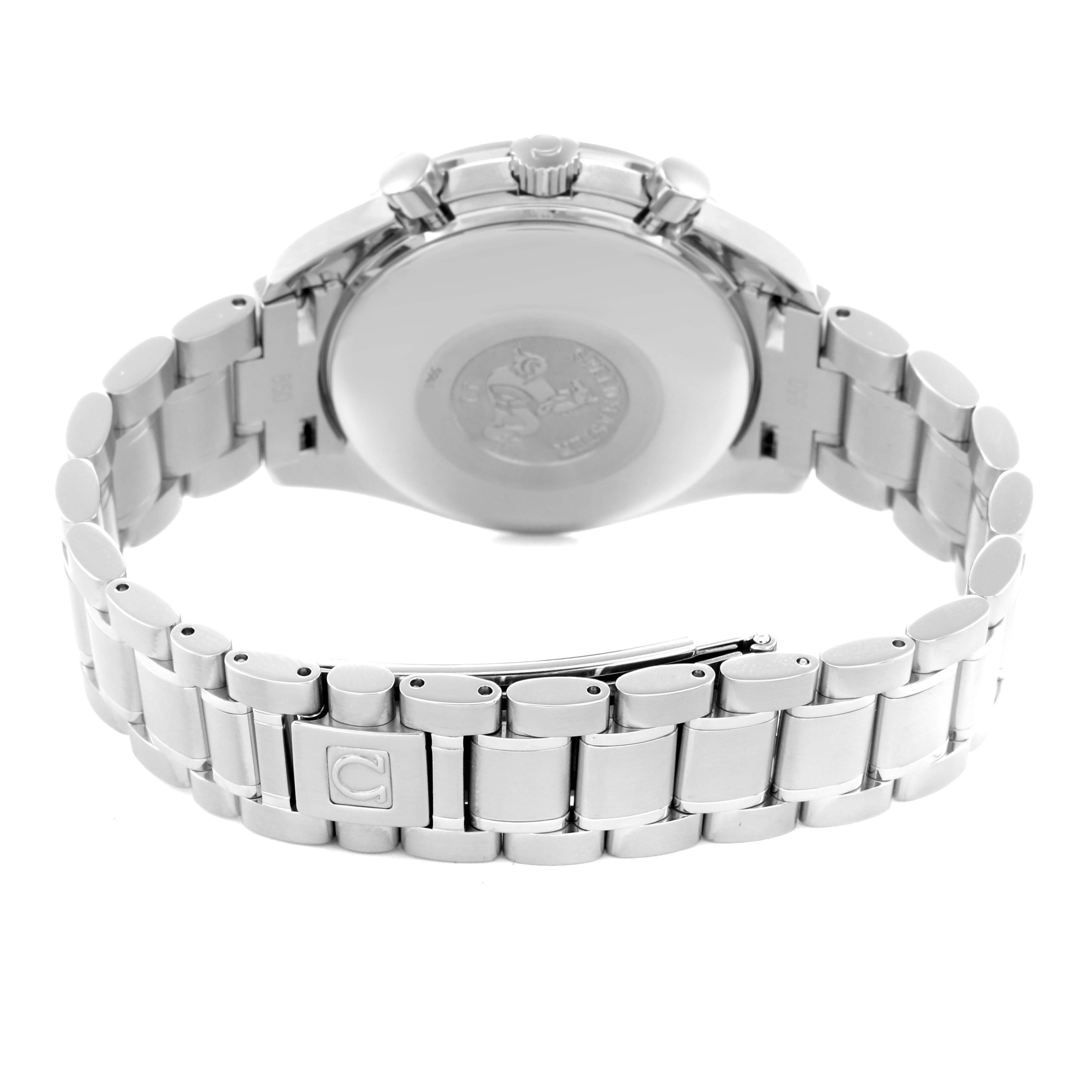 The image shows the Omega Speedmaster 3513.50.00 Men
s Stainless Steel Black Dial 3513.50.00 Men
s Stainless Steel Black Dial
s back case, clasp, and part of the stainless steel bracelet from the rear angle.