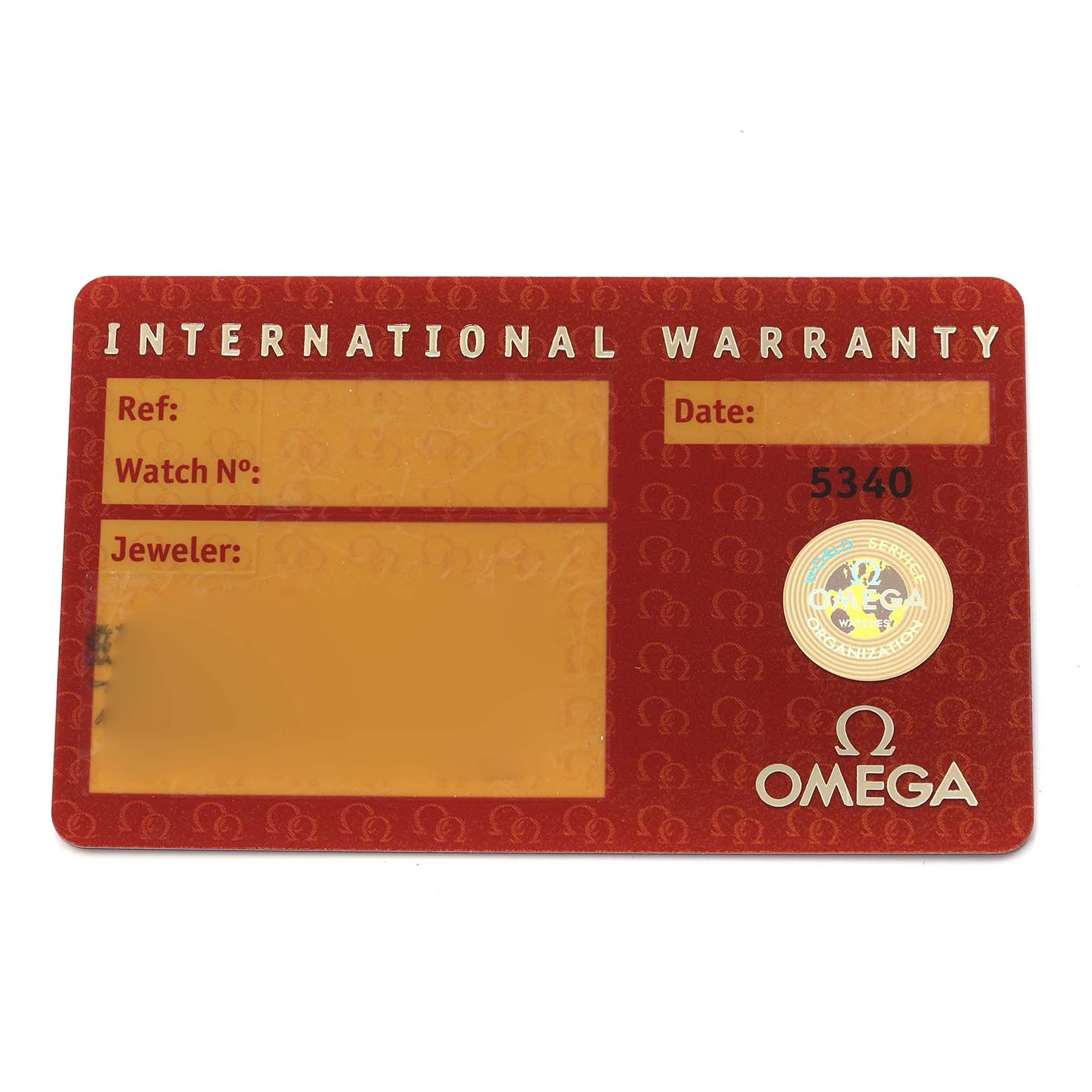 The image shows an Omega Speedmaster 3513.50.00 Men
s Stainless Steel Black Dial 3513.50.00 Men
s Stainless Steel Black Dial International Warranty card, featuring brand and warranty details.