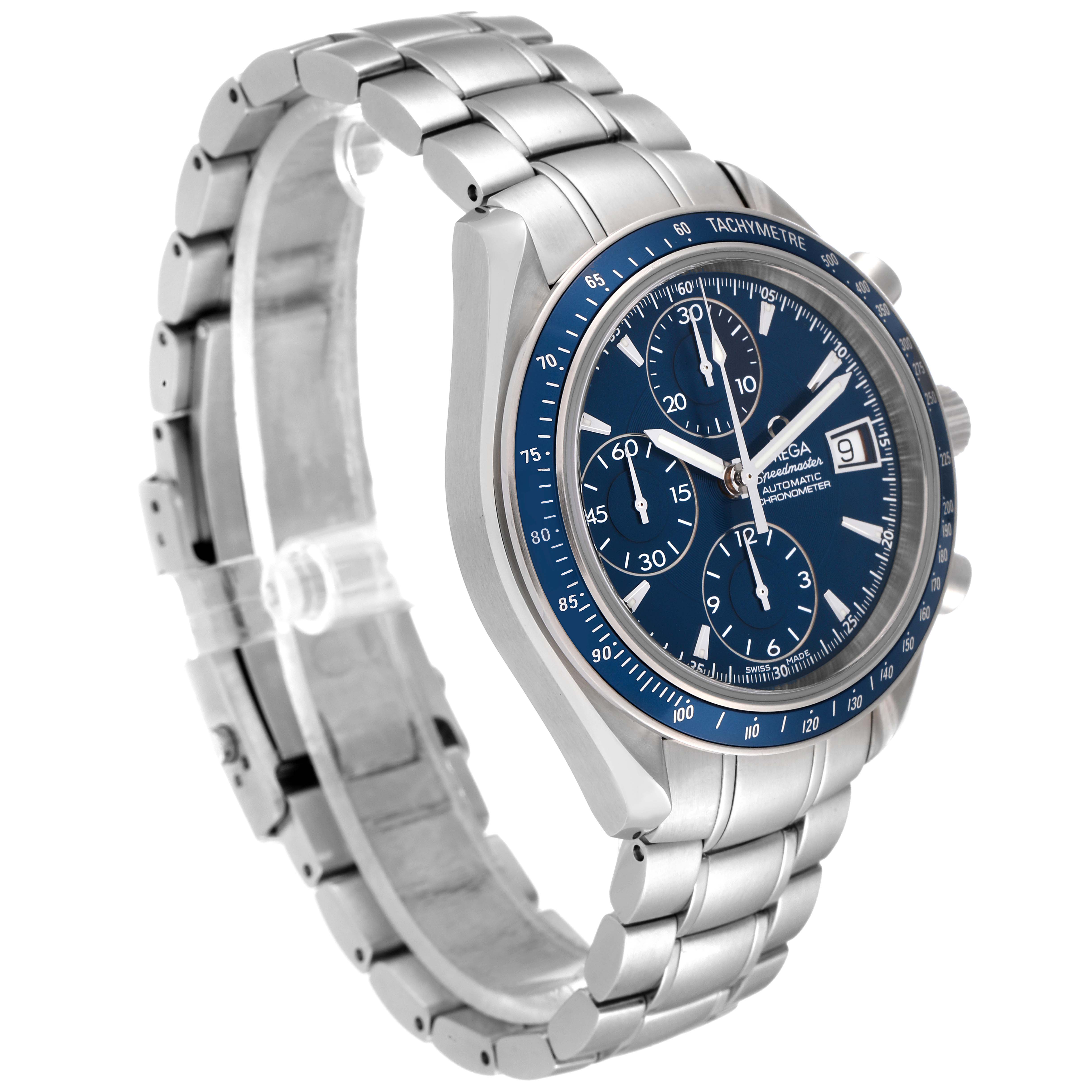 This Omega Speedmaster 3212.80.00 Men's Stainless Steel Blue Dial 3212.80.00 Men's Stainless Steel Blue Dial model watch is shown at a three-quarter angle, highlighting the face, bezel, and metal bracelet.