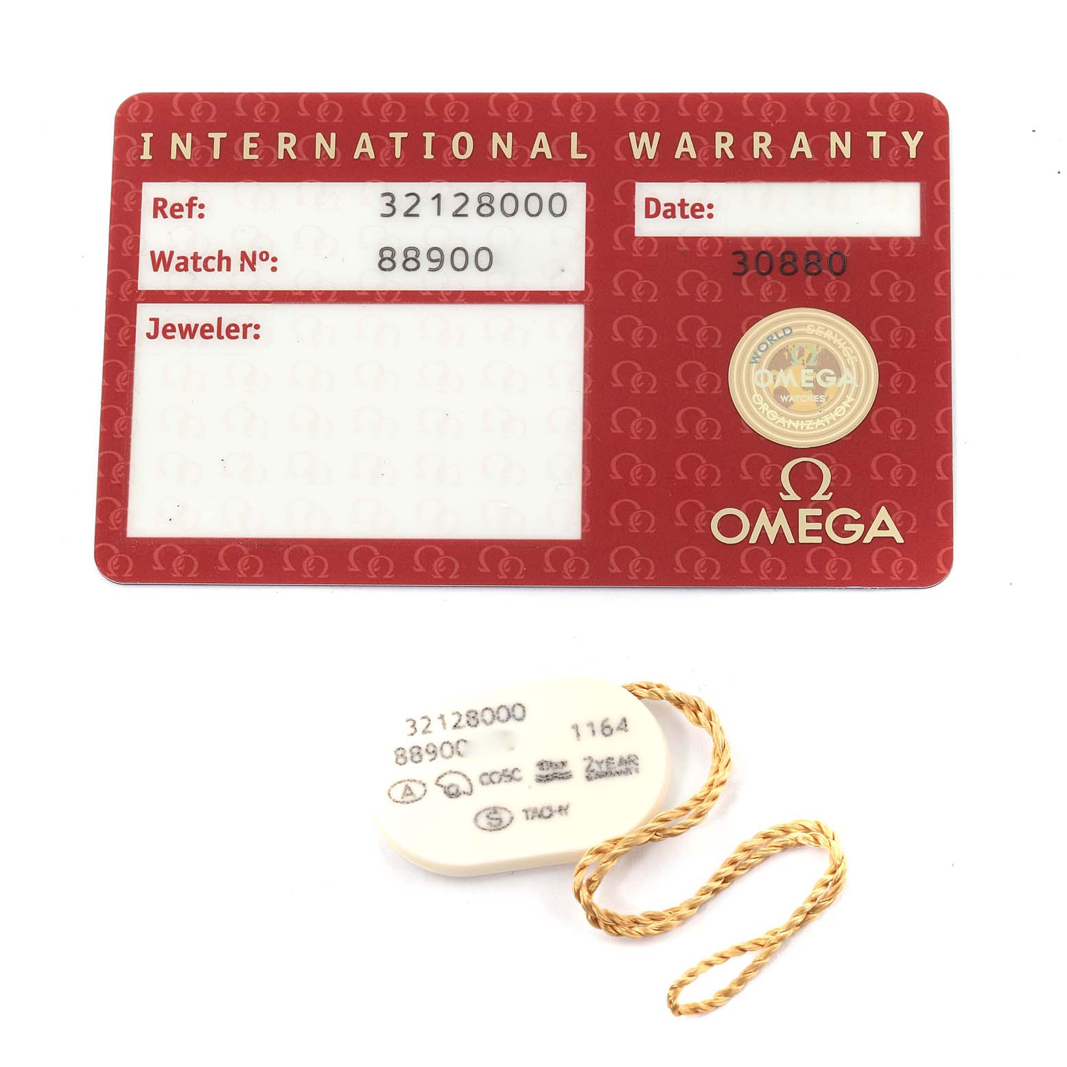 The image shows the warranty card and a hangtag for an Omega Speedmaster 3212.80.00 Men's Stainless Steel Blue Dial 3212.80.00 Men's Stainless Steel Blue Dial watch model.