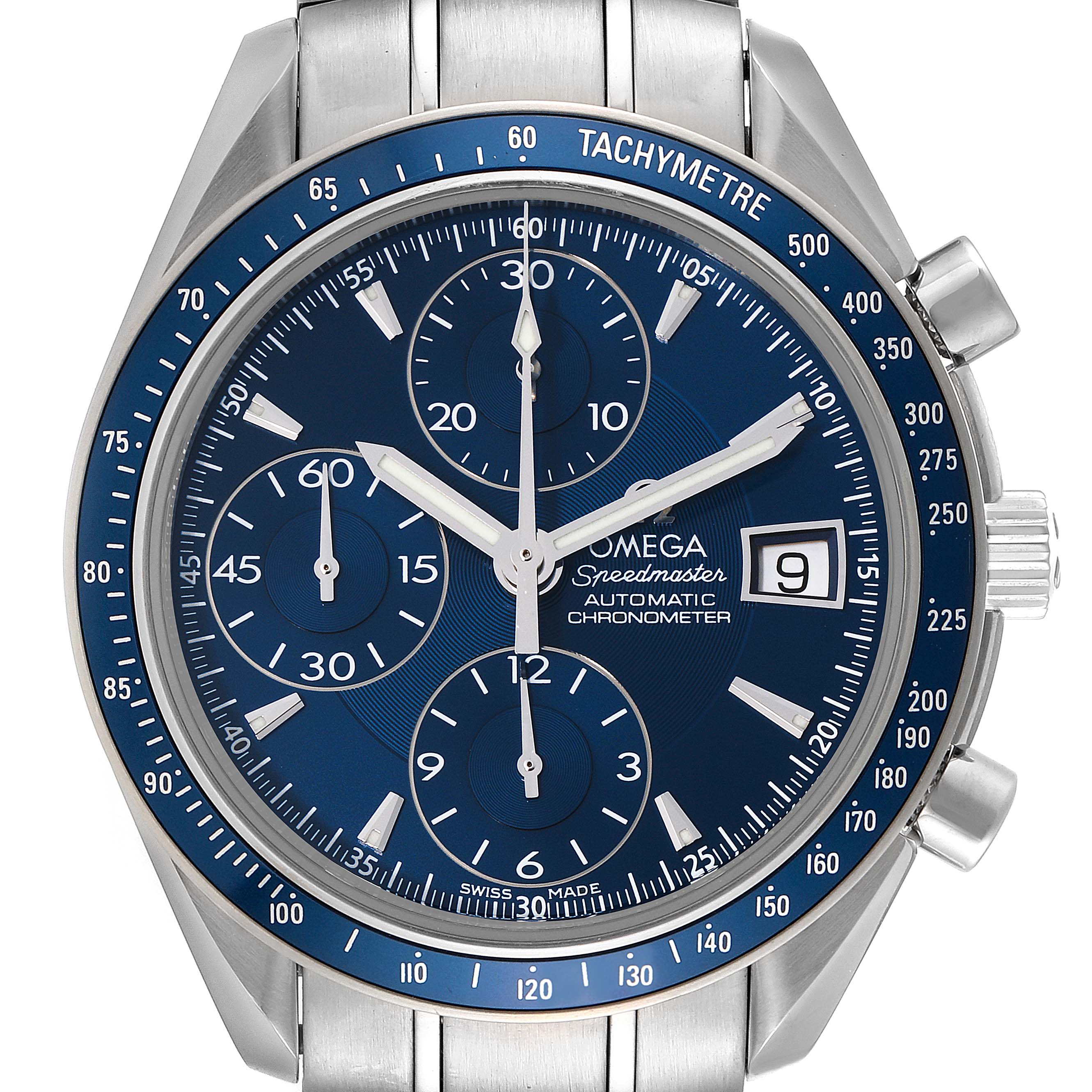 This image shows a frontal view of the Omega Speedmaster 3212.80.00 Men's Stainless Steel Blue Dial 3212.80.00 Men's Stainless Steel Blue Dial watch, highlighting its blue dial, chronograph subdials, and date window.