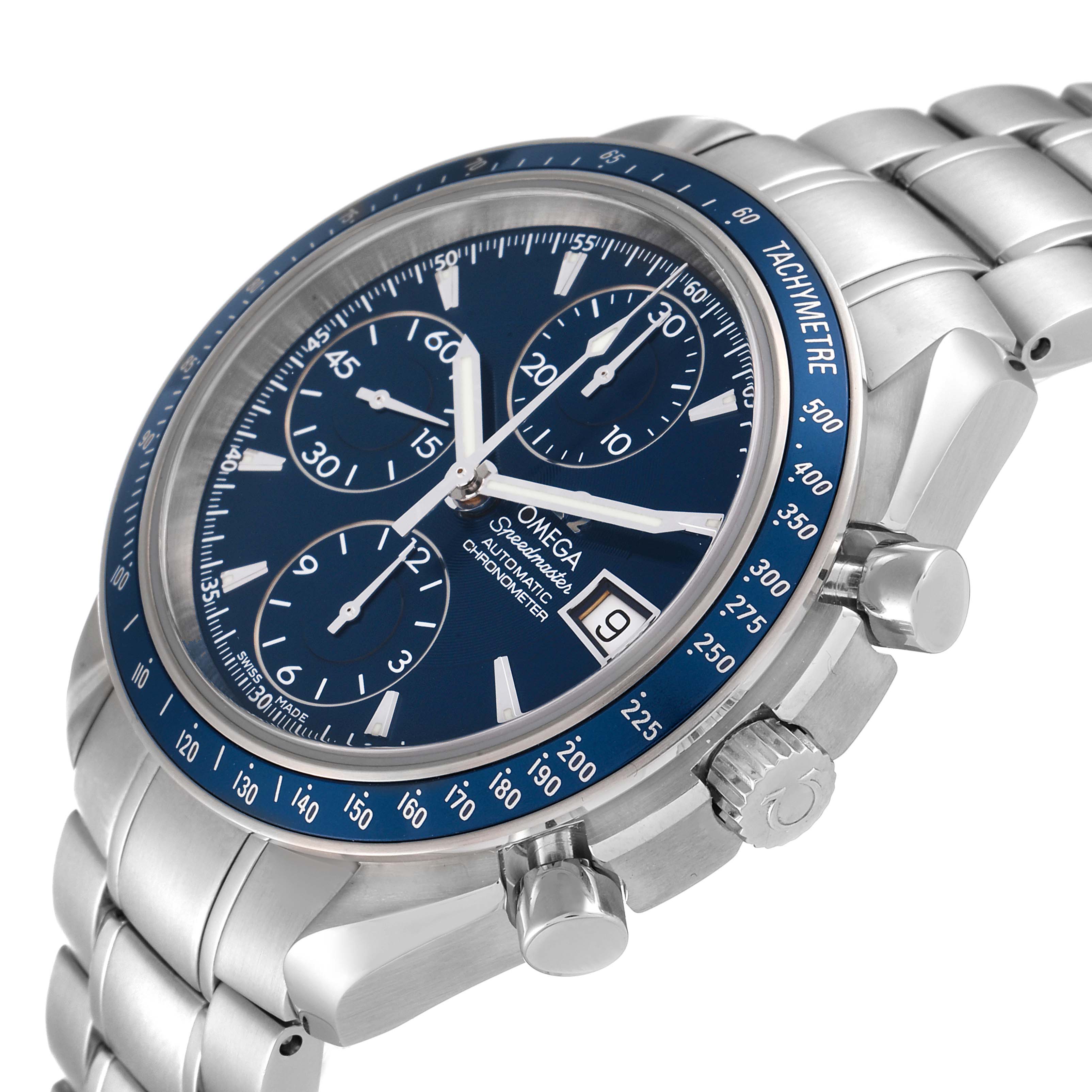 The Omega Speedmaster 3212.80.00 Men's Stainless Steel Blue Dial 3212.80.00 Men's Stainless Steel Blue Dial watch is shown at a slight angle, highlighting the face, bezel, crown, and chronograph pushers.