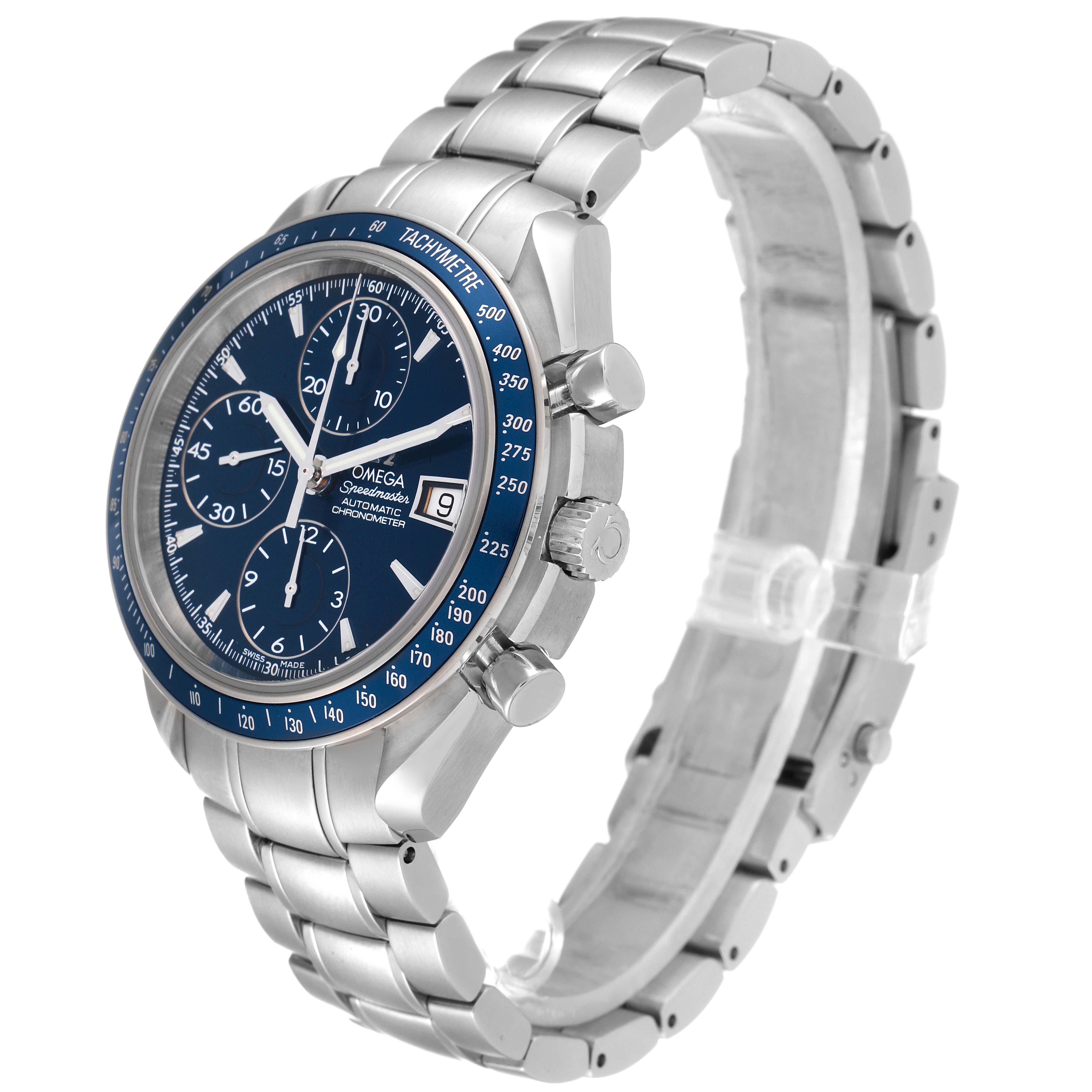 This image shows an Omega Speedmaster 3212.80.00 Men's Stainless Steel Blue Dial 3212.80.00 Men's Stainless Steel Blue Dial watch at a three-quarter angle, highlighting the face, band, and side buttons.