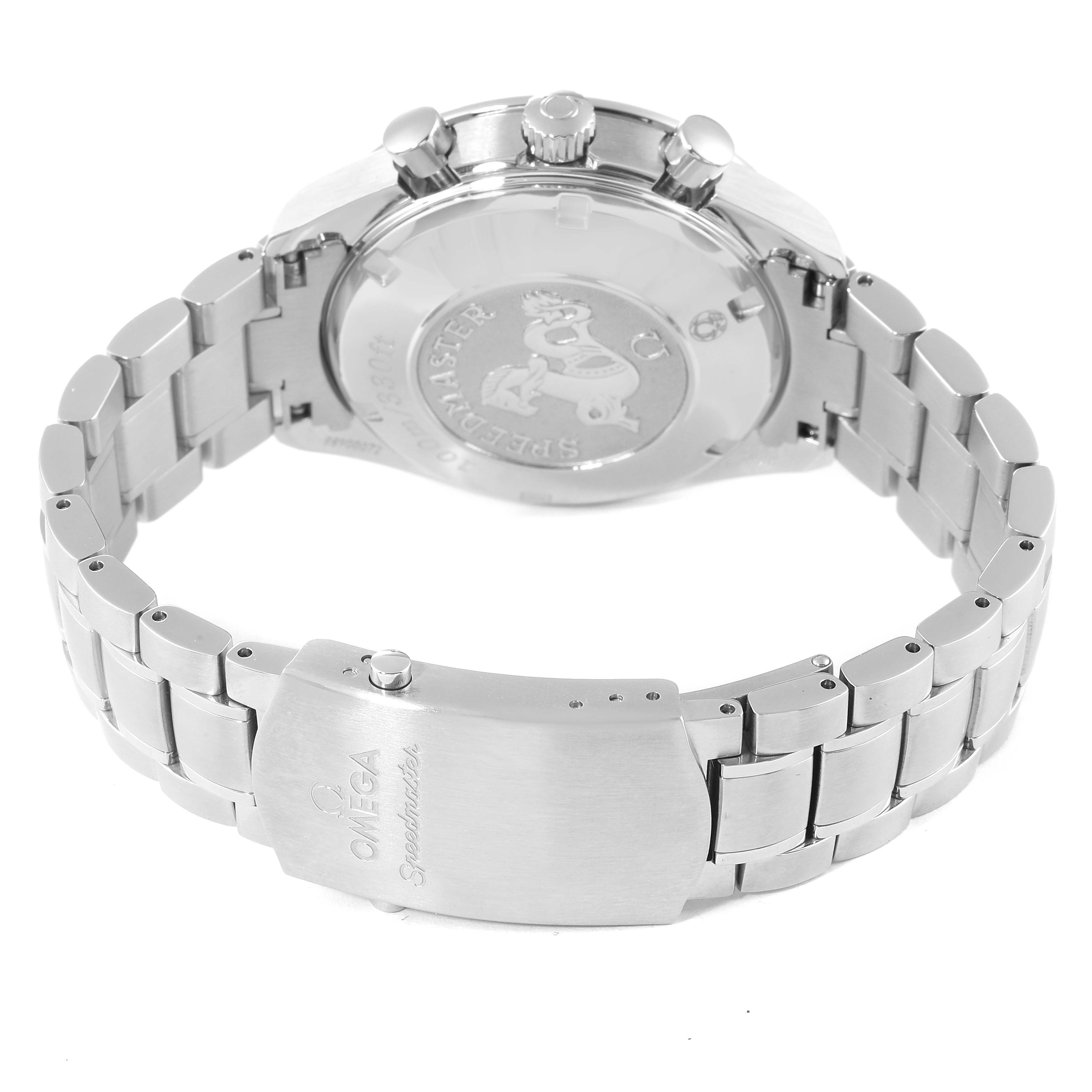 The image shows the back case, clasp, and bracelet of an Omega Speedmaster 3212.80.00 Men's Stainless Steel Blue Dial 3212.80.00 Men's Stainless Steel Blue Dial watch from a rear angle.