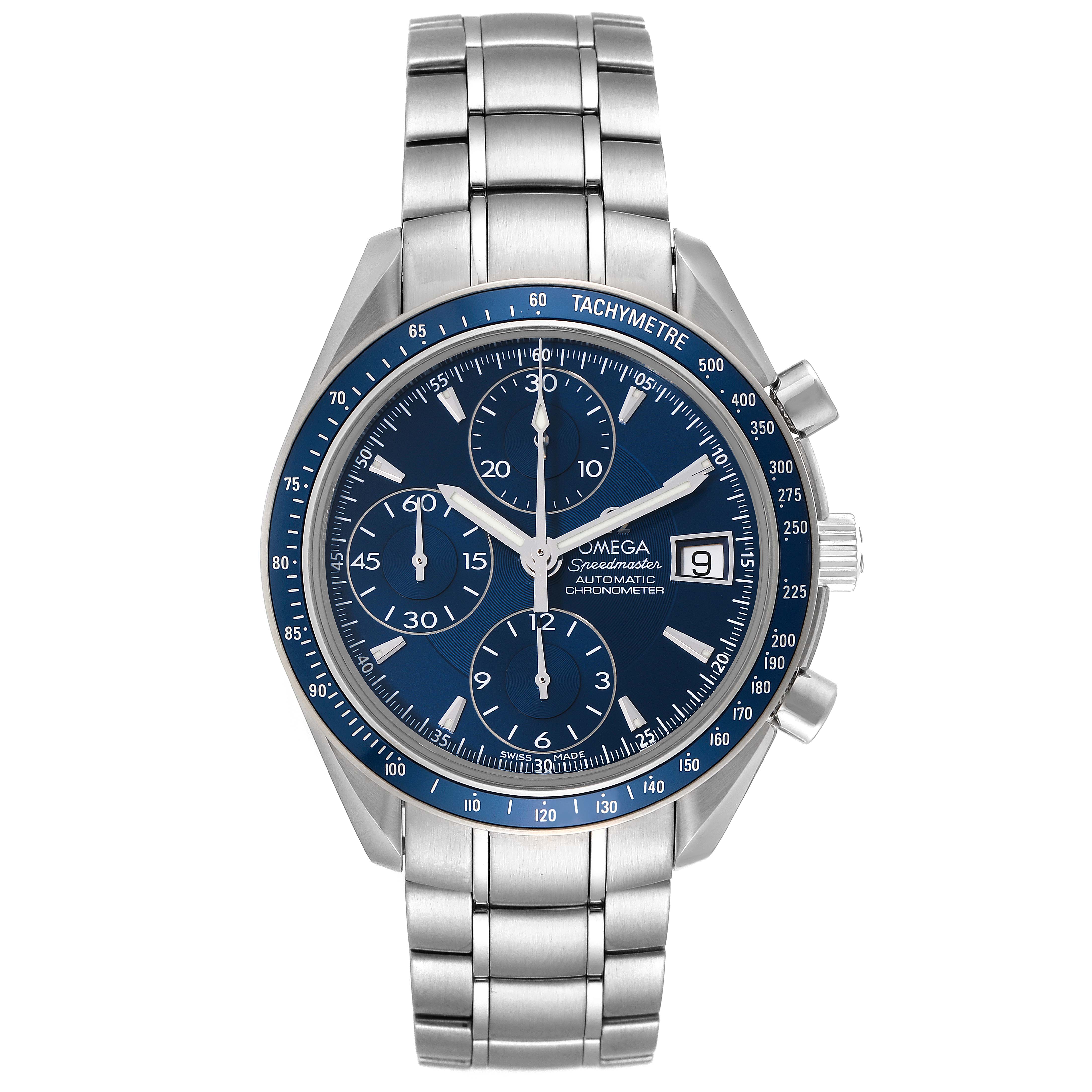 The image shows a front view of the Omega Speedmaster 3212.80.00 Men's Stainless Steel Blue Dial 3212.80.00 Men's Stainless Steel Blue Dial watch, highlighting its blue dial, chronographs, and silver bracelet.