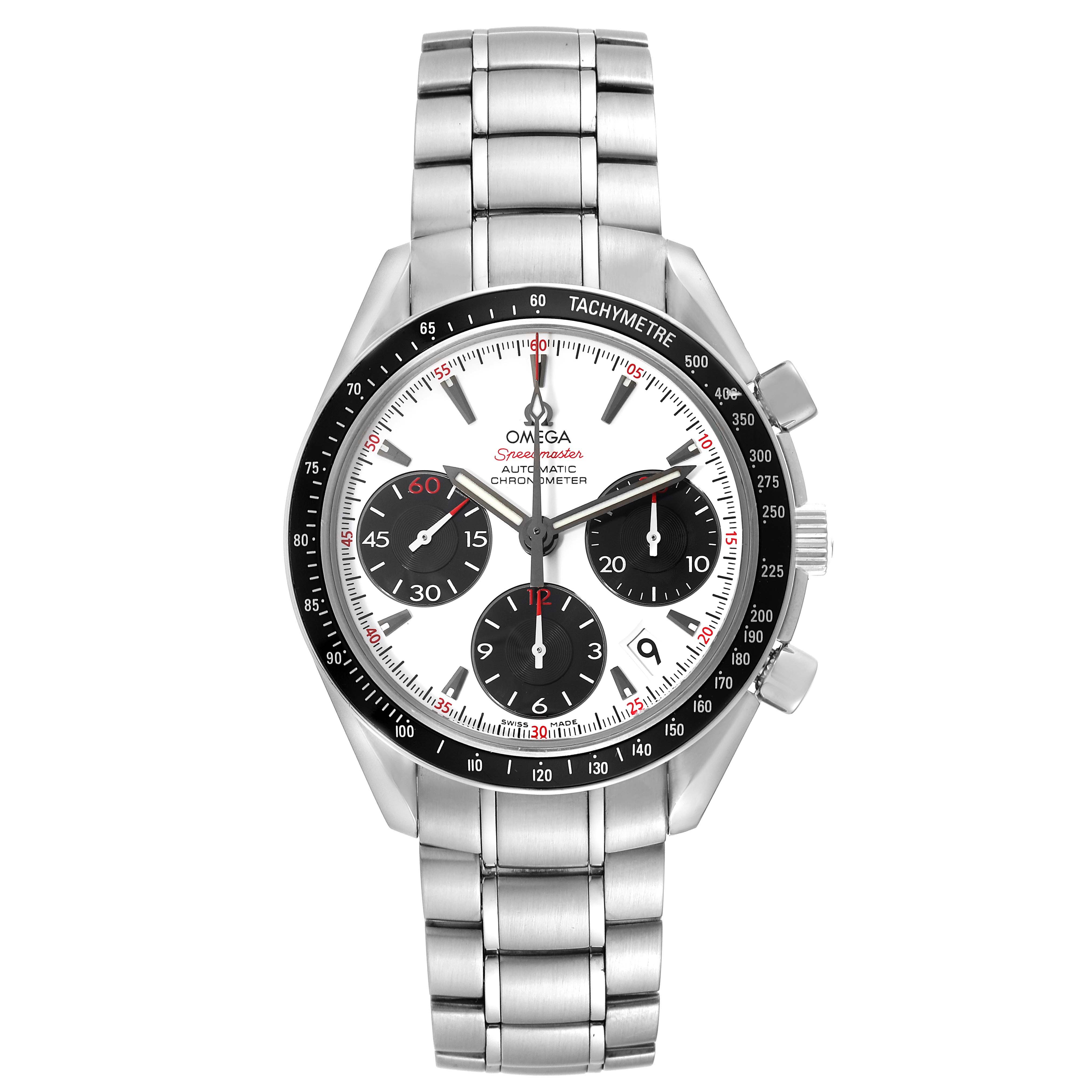 The image shows an Omega Speedmaster 323.30.40.40.04.001 Men
s Stainless Steel White Dial 323.30.40.40.04.001 Men
s Stainless Steel White Dial watch front view, displaying its face, bezel, metal bracelet, and chronograph buttons.