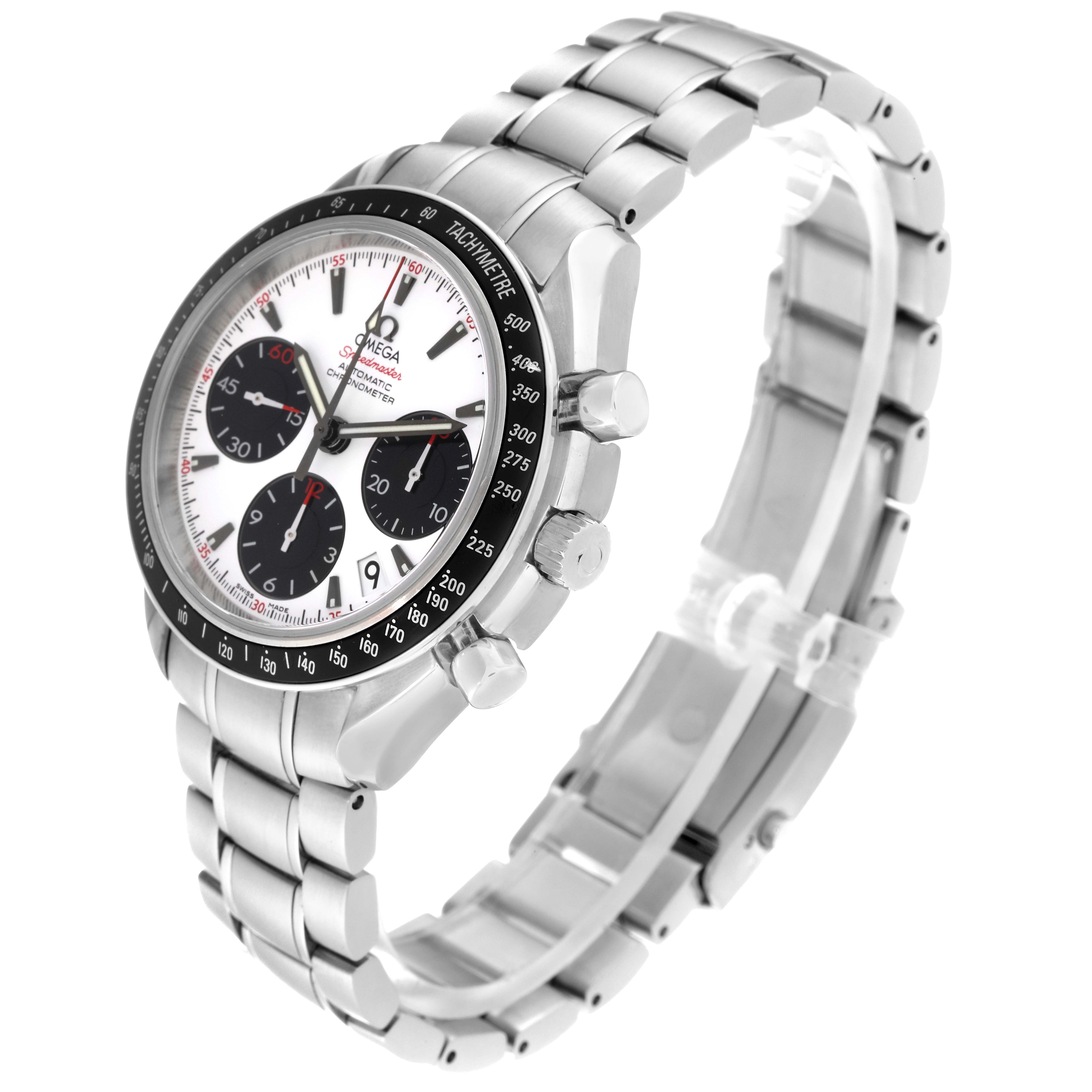 The Omega Speedmaster 323.30.40.40.04.001 Men
s Stainless Steel White Dial 323.30.40.40.04.001 Men
s Stainless Steel White Dial watch is shown at an angled side view, showcasing its dial, bezel, crown, pushers, and bracelet.