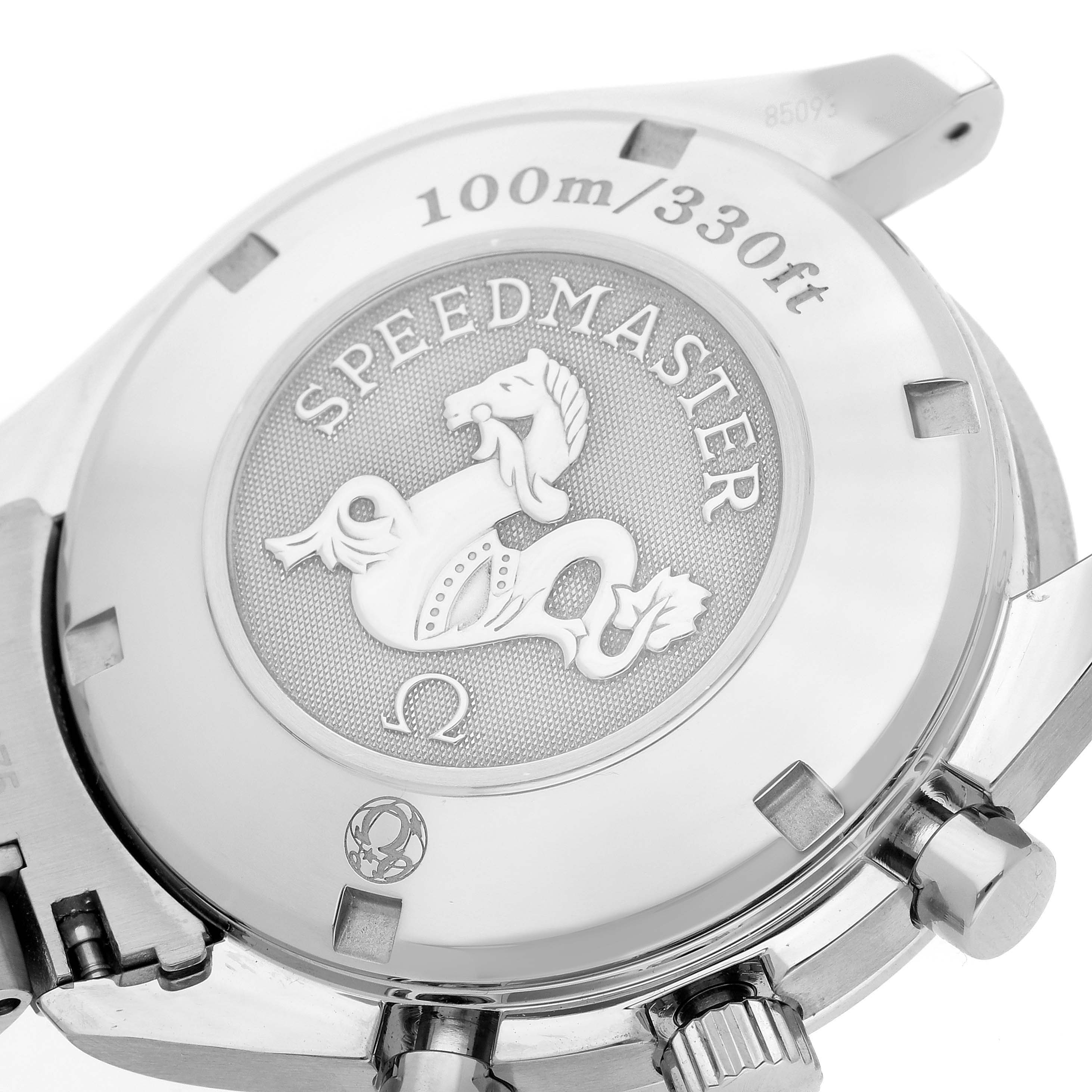 This image shows the back case of the Omega Speedmaster 323.30.40.40.04.001 Men
s Stainless Steel White Dial 323.30.40.40.04.001 Men
s Stainless Steel White Dial watch, highlighting its emblem and water resistance.