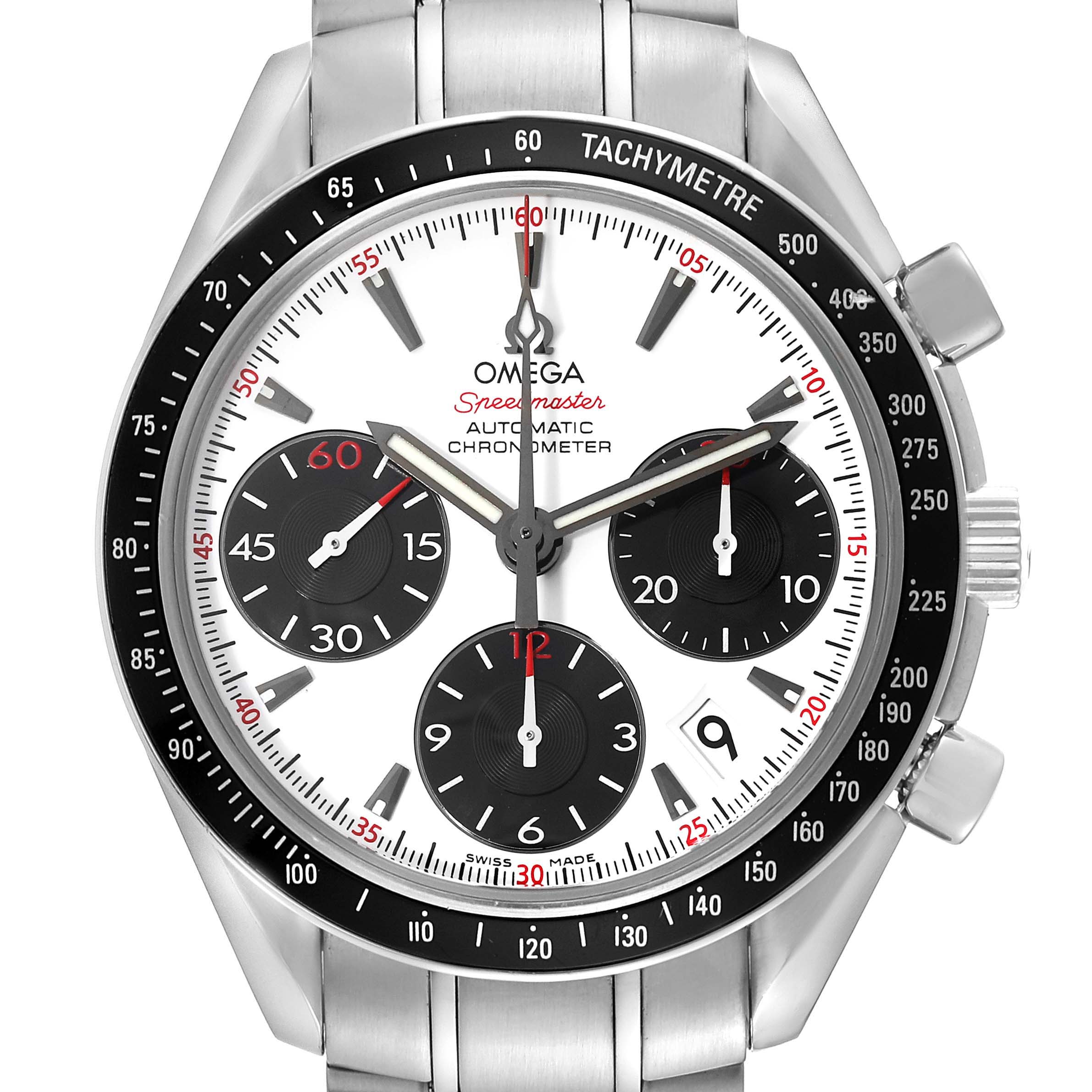 This is a close-up of the Omega Speedmaster 323.30.40.40.04.001 Men
s Stainless Steel White Dial 323.30.40.40.04.001 Men
s Stainless Steel White Dial watch, showing the dial, subdials, bezel, and part of the bracelet.