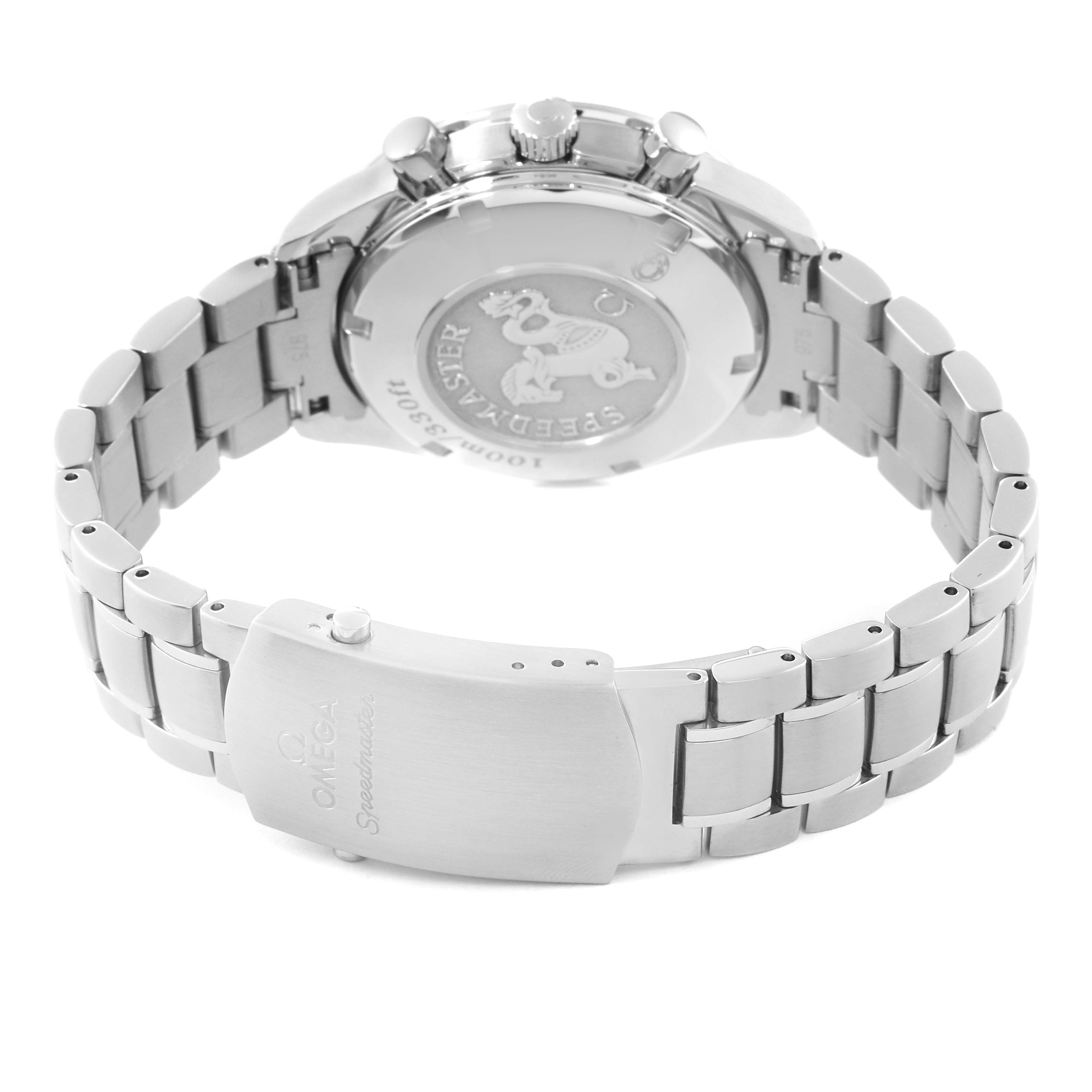 The image shows the back case and metal bracelet of an Omega Speedmaster 323.30.40.40.04.001 Men
s Stainless Steel White Dial 323.30.40.40.04.001 Men
s Stainless Steel White Dial watch, including the clasp and crown.