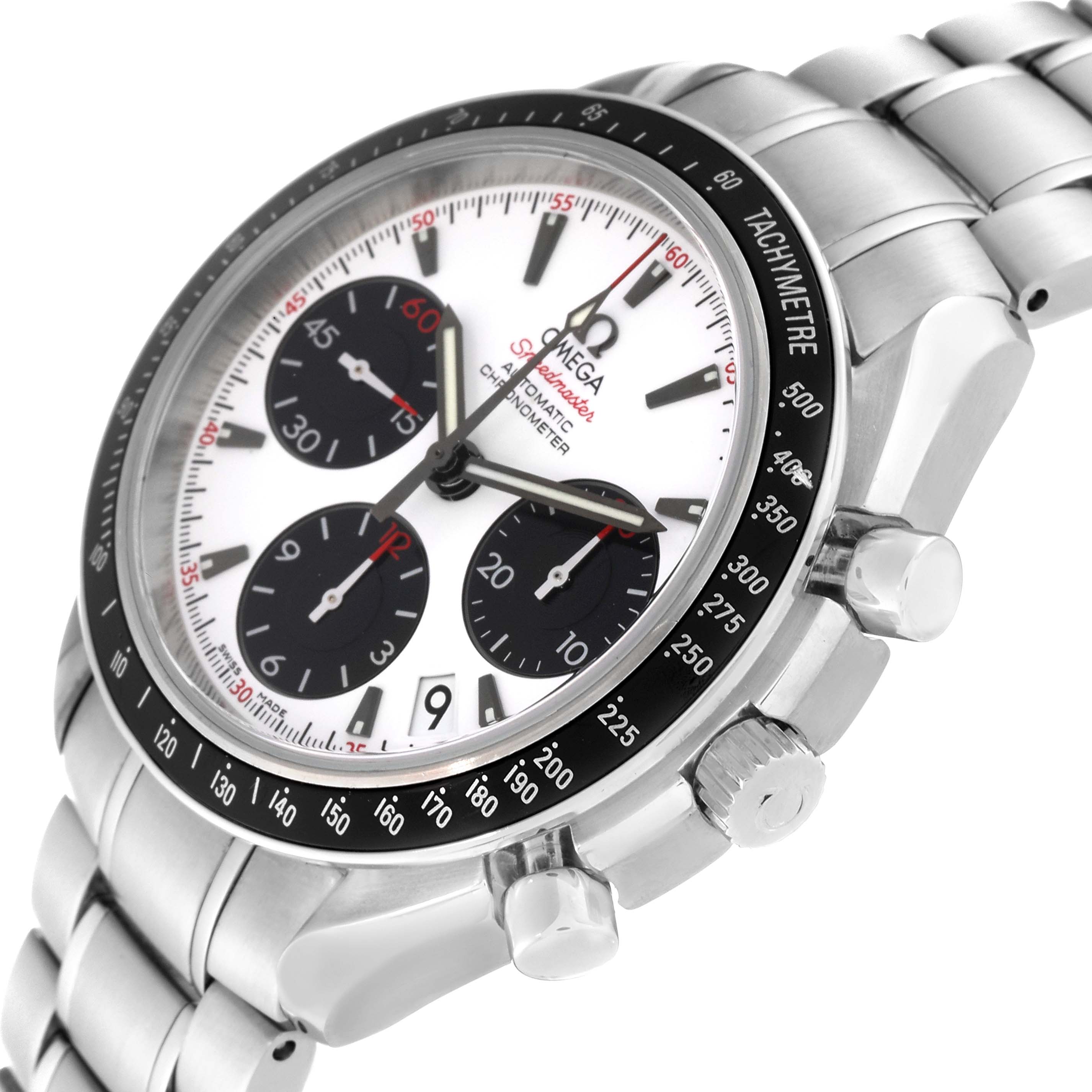 The Omega Speedmaster 323.30.40.40.04.001 Men
s Stainless Steel White Dial 323.30.40.40.04.001 Men
s Stainless Steel White Dial watch is shown in a three-quarter side angle displaying its dial, tachymeter bezel, and part of the bracelet.