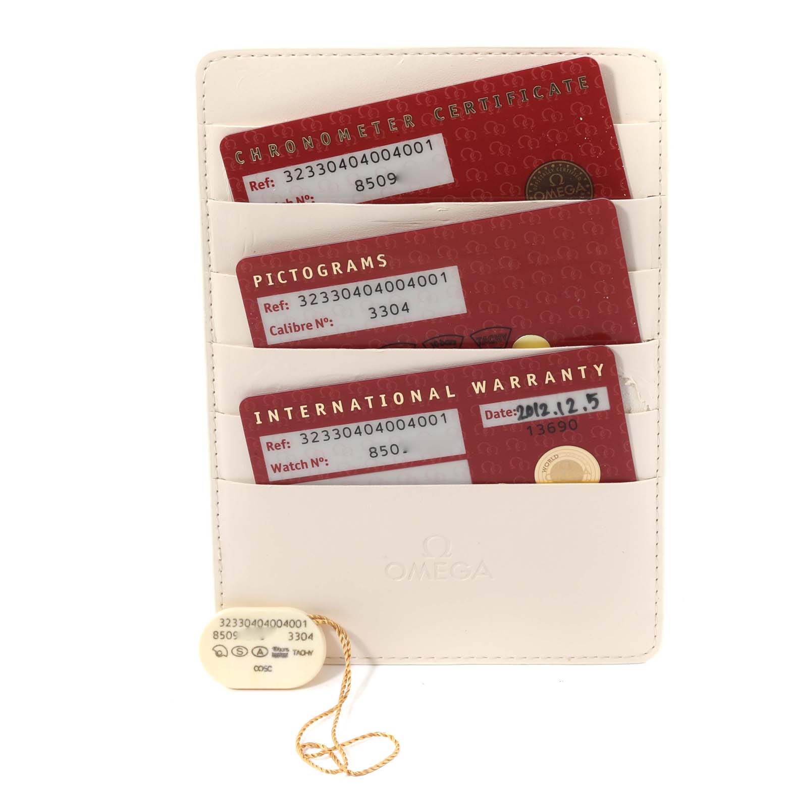 This image shows the certificates and warranty cards for an Omega Speedmaster 323.30.40.40.04.001 Men
s Stainless Steel White Dial 323.30.40.40.04.001 Men
s Stainless Steel White Dial model inside a white cardholder.