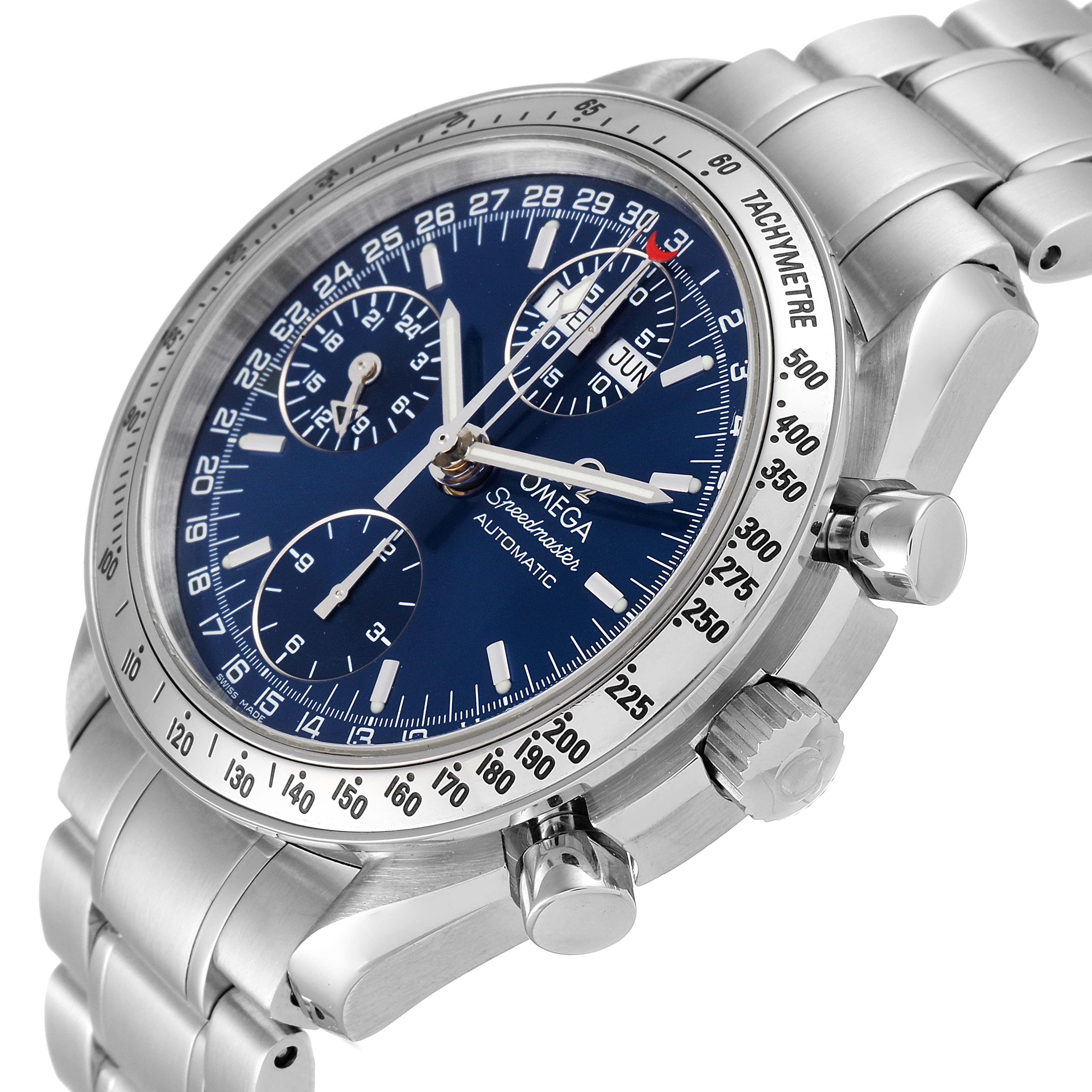This image shows the side and front of the Omega Speedmaster 3523.80.00 Men
s Stainless Steel Blue Dial 3523.80.00 Men
s Stainless Steel Blue Dial watch, detailing its stainless steel bracelet, pushers, and crown.