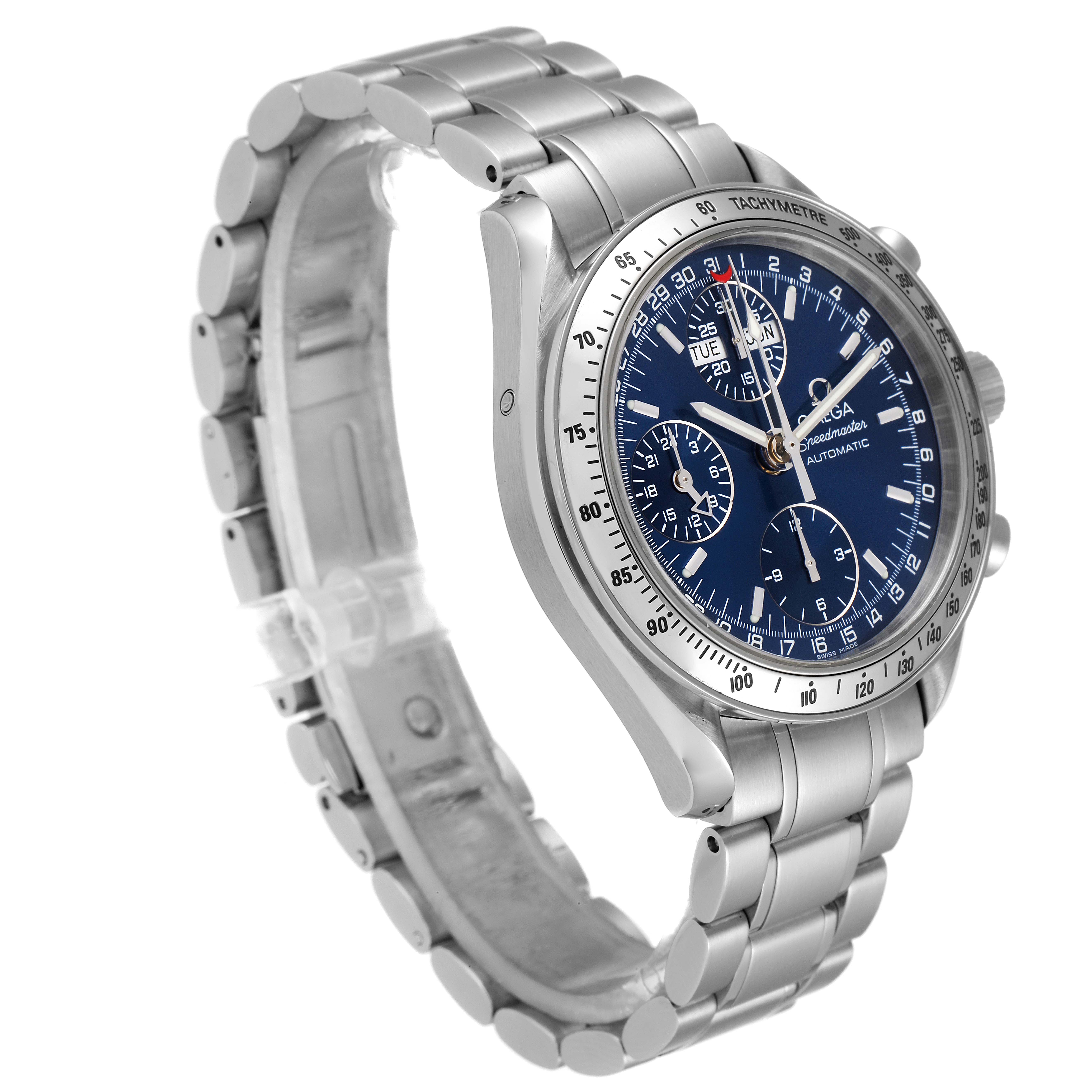 The image shows an Omega Speedmaster 3523.80.00 Men
s Stainless Steel Blue Dial 3523.80.00 Men
s Stainless Steel Blue Dial watch at a three-quarter angle, highlighting the face, bezel, and metal bracelet.