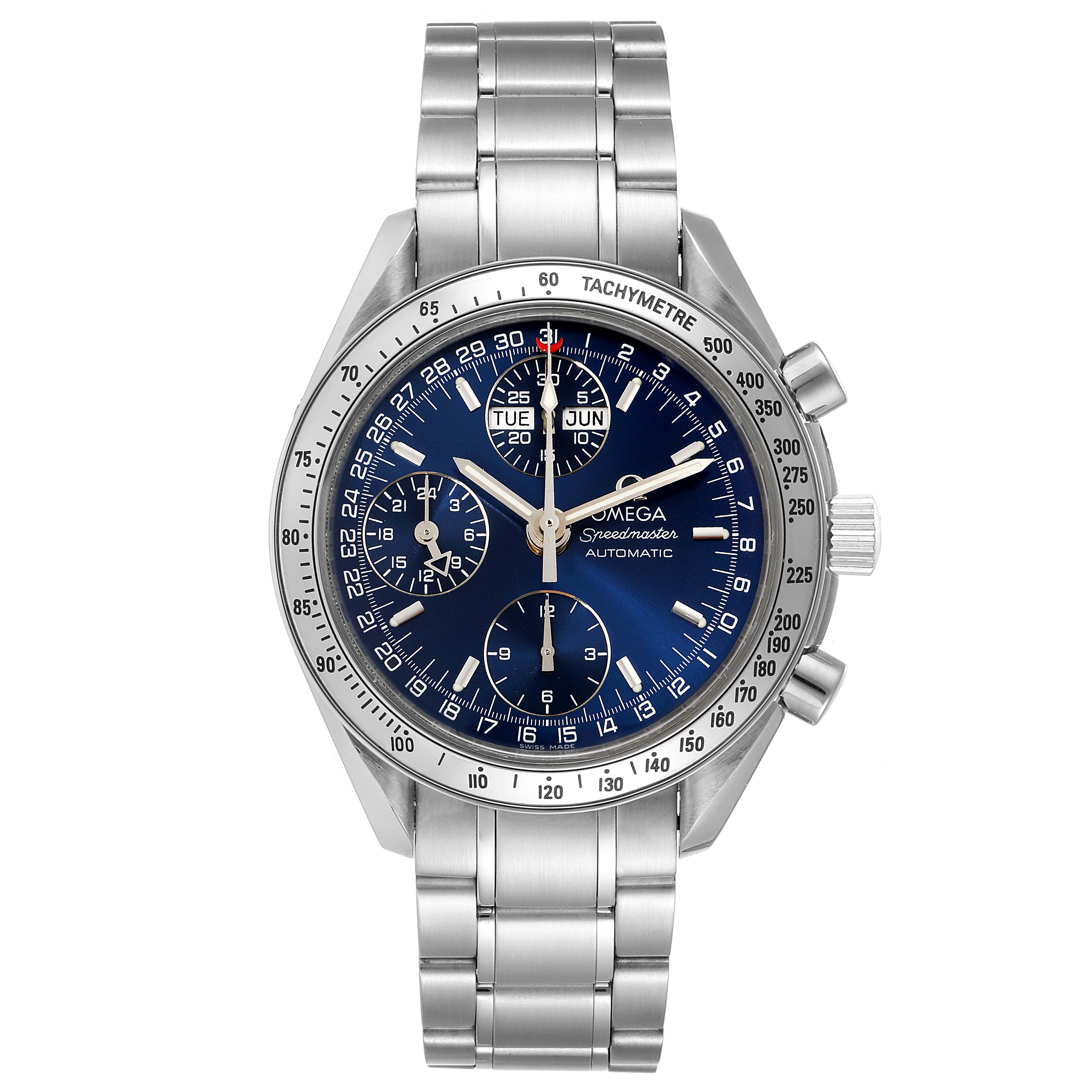 This image shows a front view of the Omega Speedmaster 3523.80.00 Men
s Stainless Steel Blue Dial 3523.80.00 Men
s Stainless Steel Blue Dial watch, featuring its detailed dial and metal bracelet.