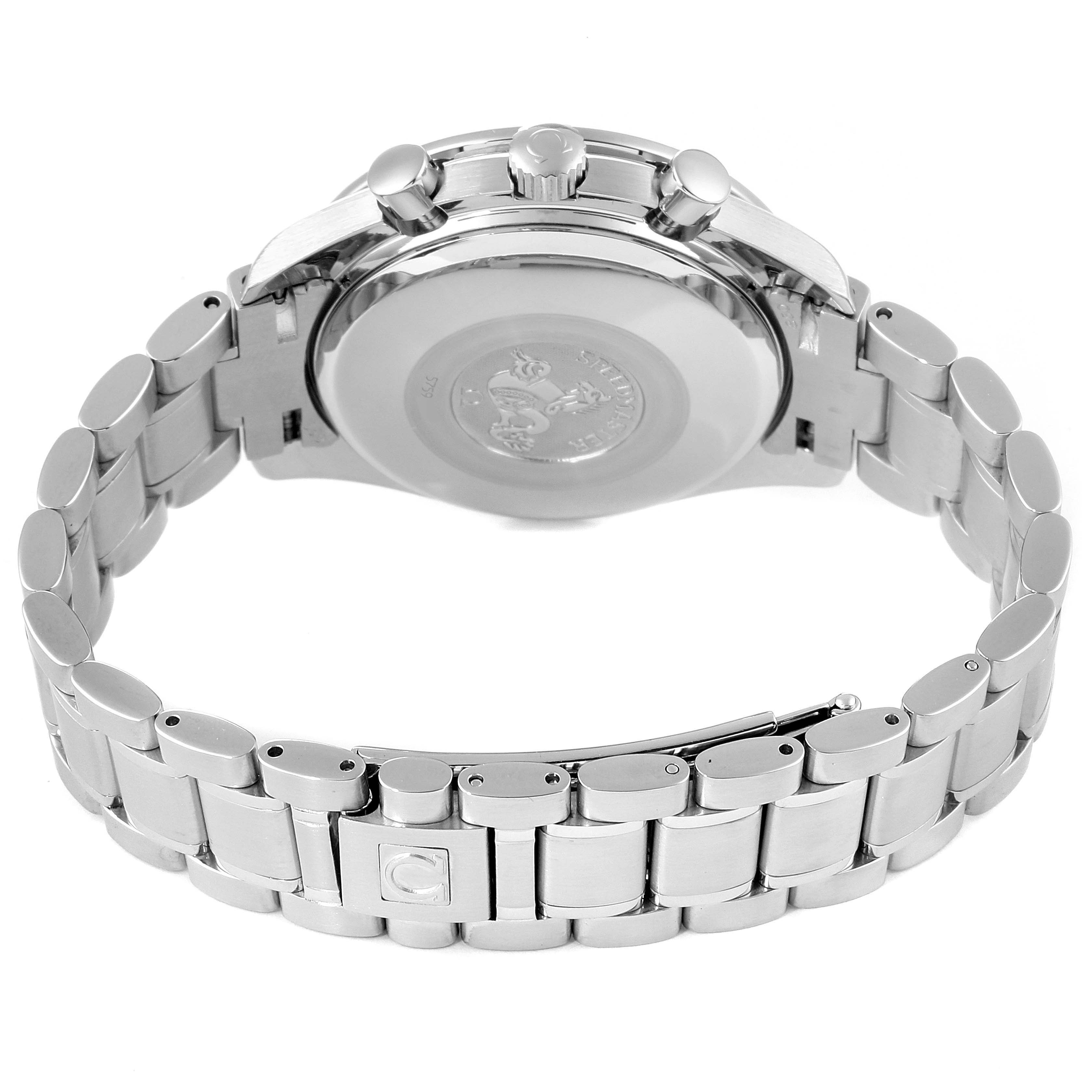 The image shows the back and side view of an Omega Speedmaster 3523.80.00 Men
s Stainless Steel Blue Dial 3523.80.00 Men
s Stainless Steel Blue Dial watch, highlighting its metal bracelet and clasp.