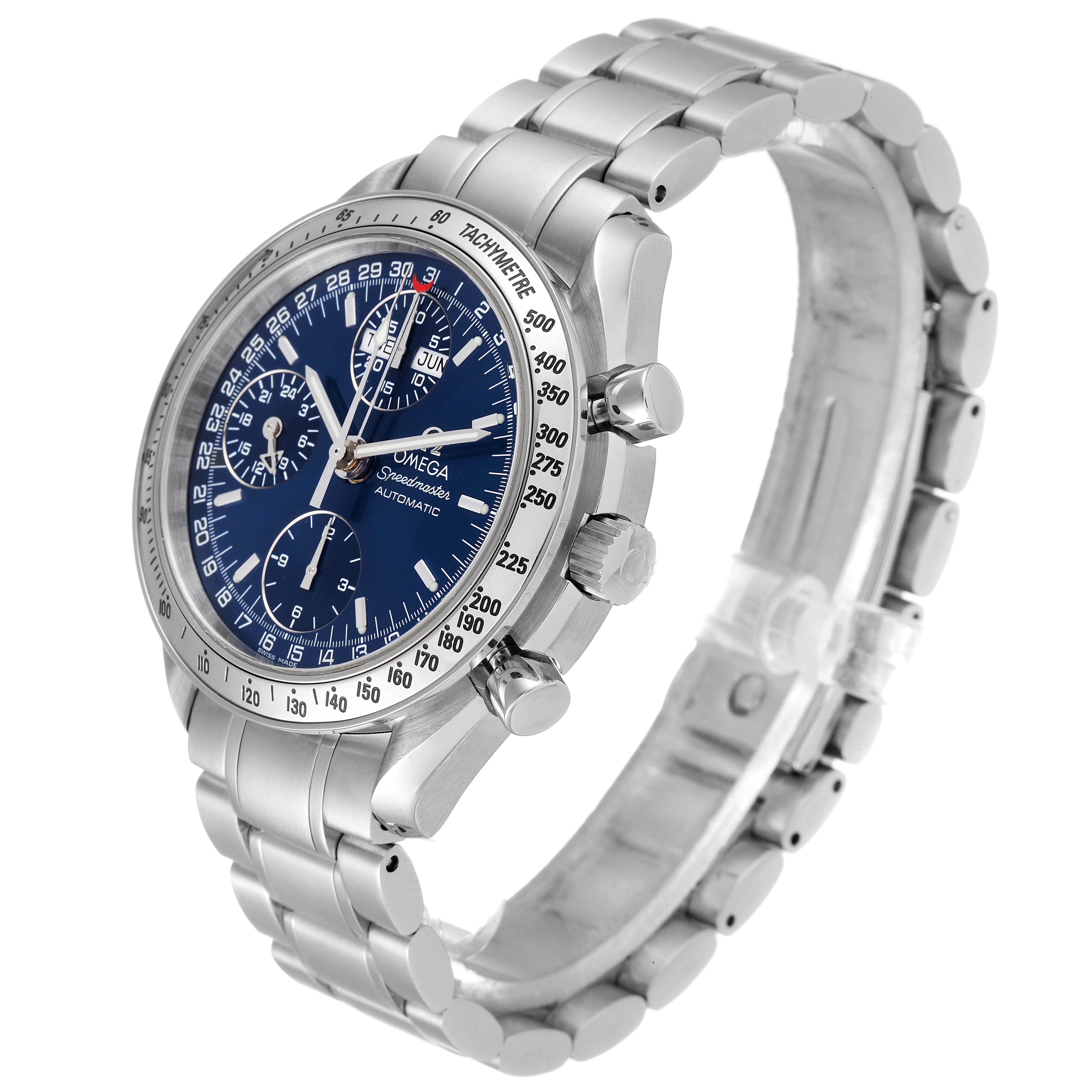 The image shows a side angle of the Omega Speedmaster 3523.80.00 Men
s Stainless Steel Blue Dial 3523.80.00 Men
s Stainless Steel Blue Dial watch, featuring its metal bracelet, crown, and blue dial with sub-dials.