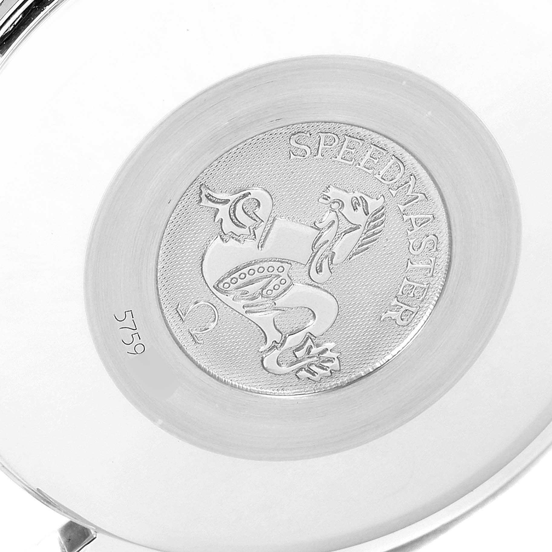 The image shows the back casing of an Omega Speedmaster 3523.80.00 Men
s Stainless Steel Blue Dial 3523.80.00 Men
s Stainless Steel Blue Dial watch, highlighting the engraved logo and model name.