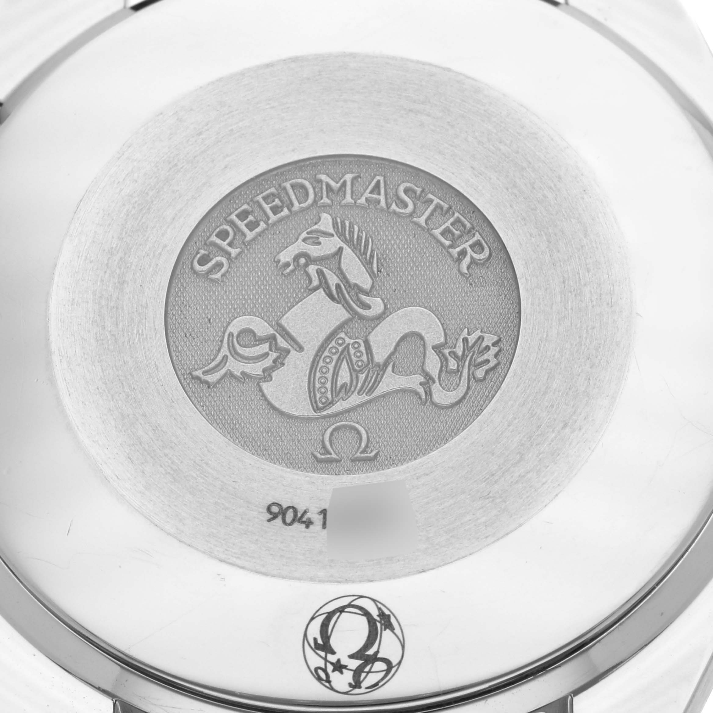 The image shows the engraved case back of an Omega Speedmaster 3834.78.38 Men's Stainless Steel Mother of Pearl Dial 3834.78.38 Men's Stainless Steel Mother of Pearl Dial watch, highlighting the model name and logo.