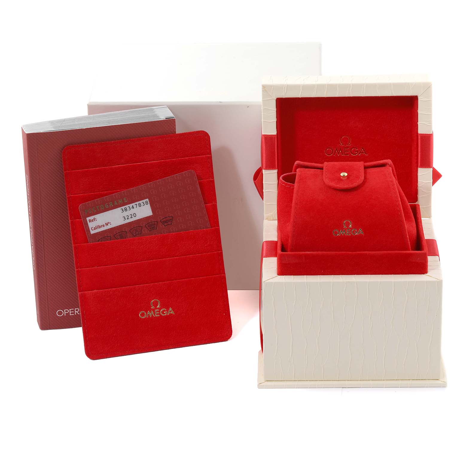 The image shows the box and accompanying accessories for the Omega Speedmaster 3834.78.38 Men's Stainless Steel Mother of Pearl Dial 3834.78.38 Men's Stainless Steel Mother of Pearl Dial watch, including a red pouch and document holder.