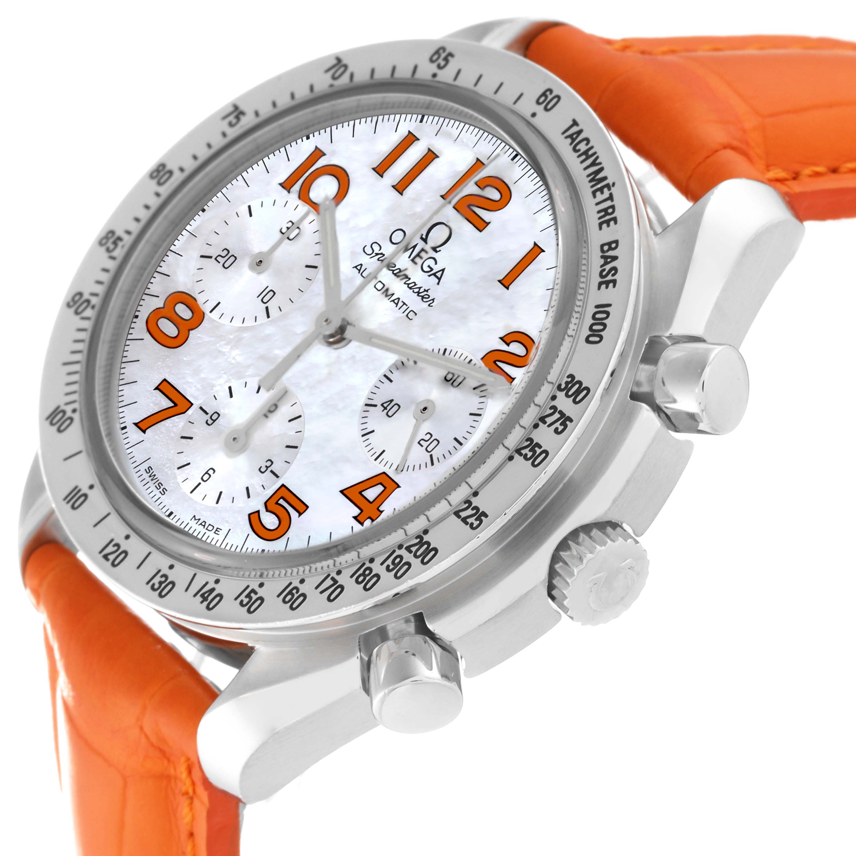 The image shows a close-up angle of the Omega Speedmaster 3834.78.38 Men's Stainless Steel Mother of Pearl Dial 3834.78.38 Men's Stainless Steel Mother of Pearl Dial watch, highlighting its face, side buttons, and orange strap.