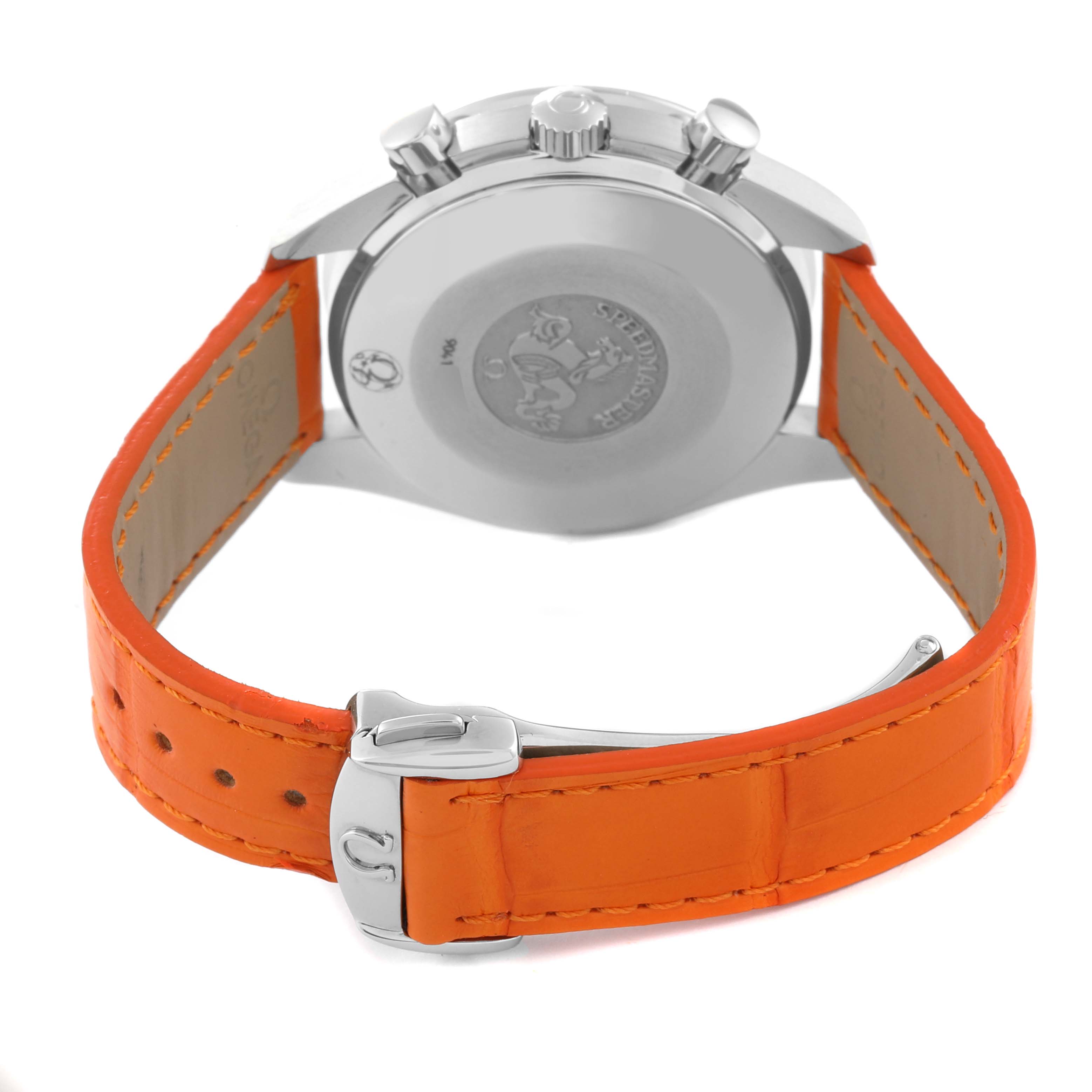 The image shows the back case and orange strap of an Omega Speedmaster 3834.78.38 Men's Stainless Steel Mother of Pearl Dial 3834.78.38 Men's Stainless Steel Mother of Pearl Dial watch, viewed from the rear angle.