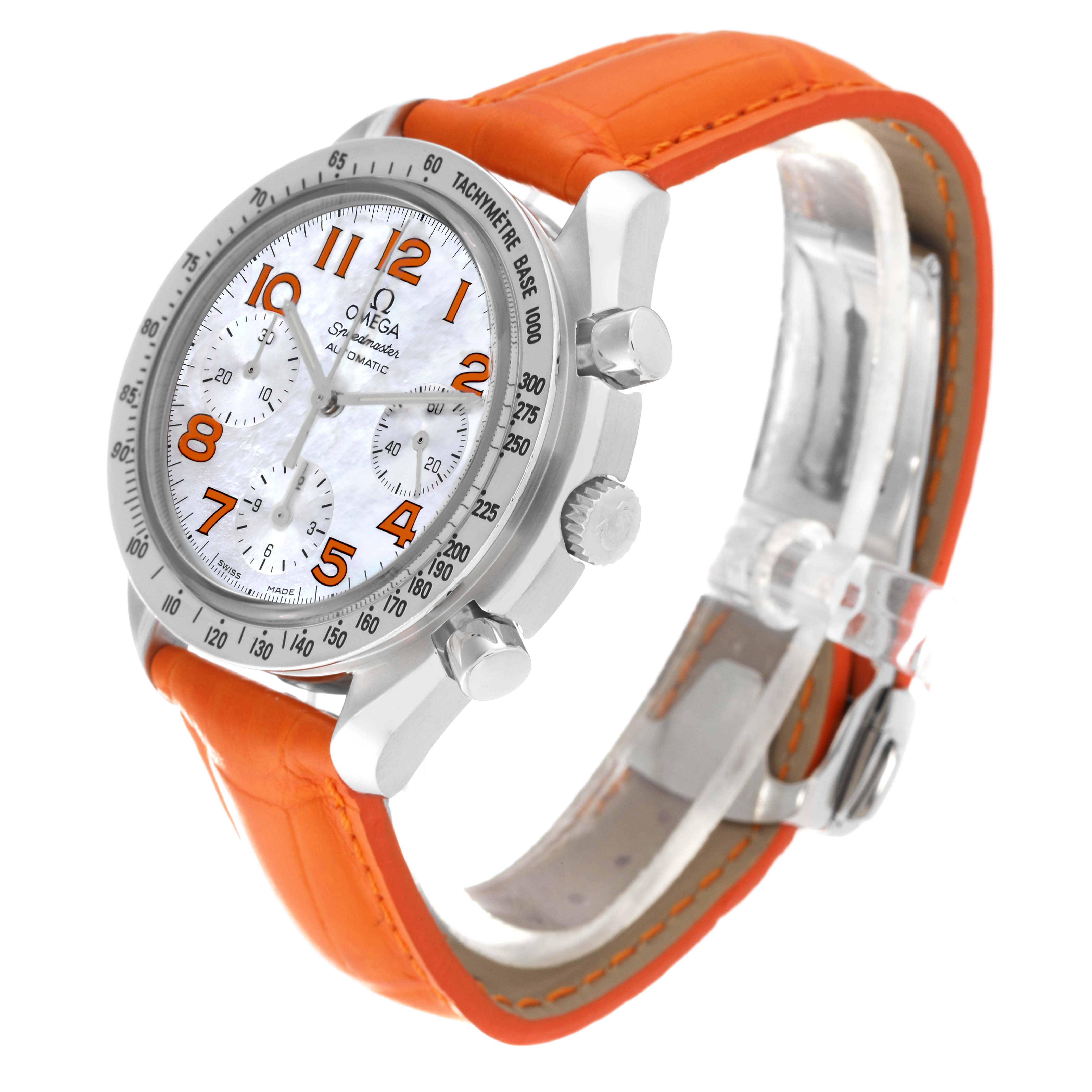 The Omega Speedmaster 3834.78.38 Men's Stainless Steel Mother of Pearl Dial 3834.78.38 Men's Stainless Steel Mother of Pearl Dial watch is shown at a slight angle, displaying its face, side buttons, and orange strap.